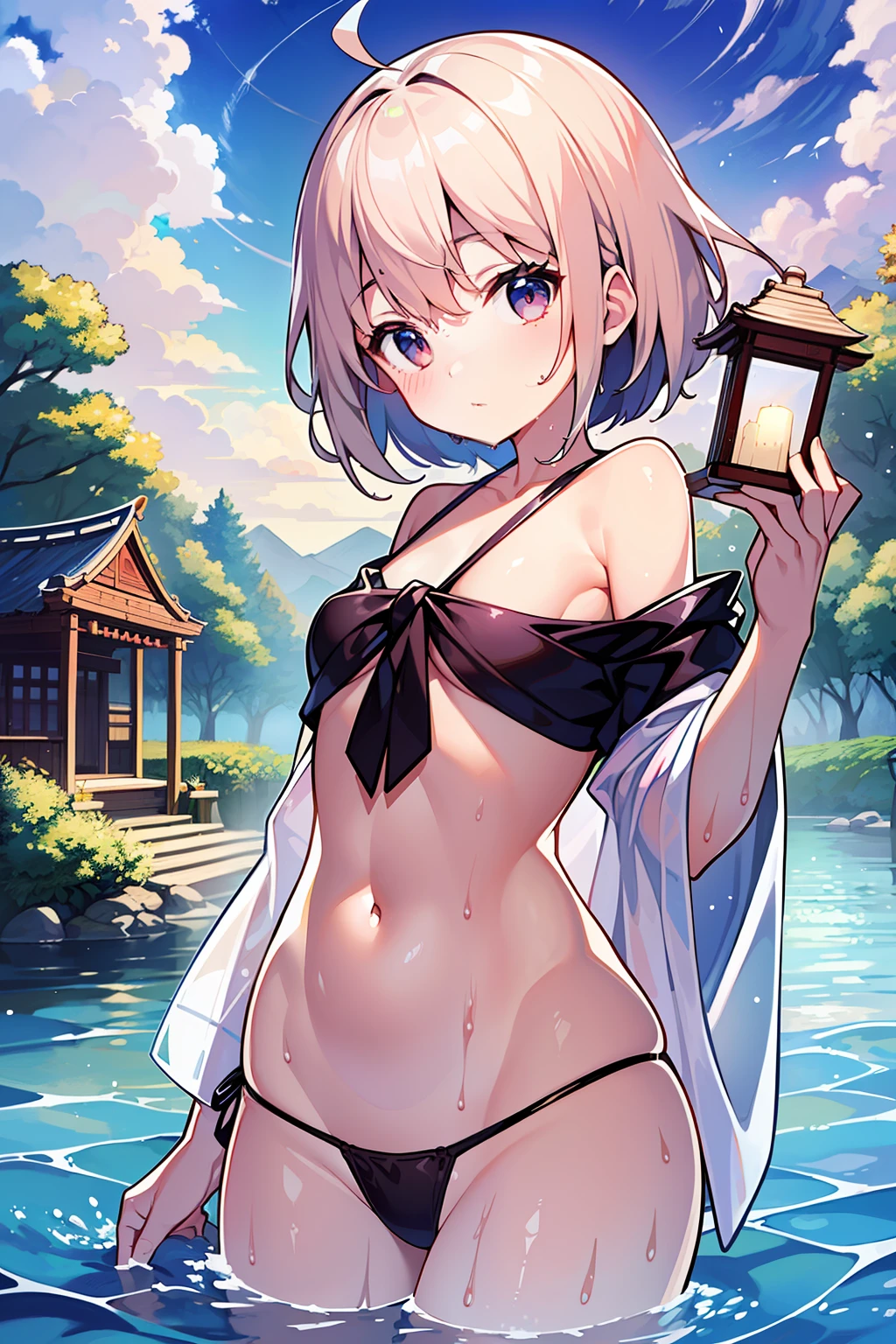 (masterpiece)、(top-quality)、(The ultra-detailliert)、(best anatomy)、Official art、one girls、Lori with light-colored hair、Petite girl、shrine maiden、Silk Hakama、Shoulders exposed、small tits、Chest exposed、back turned、buttocks expose、Wet and see-through、shrines、lake