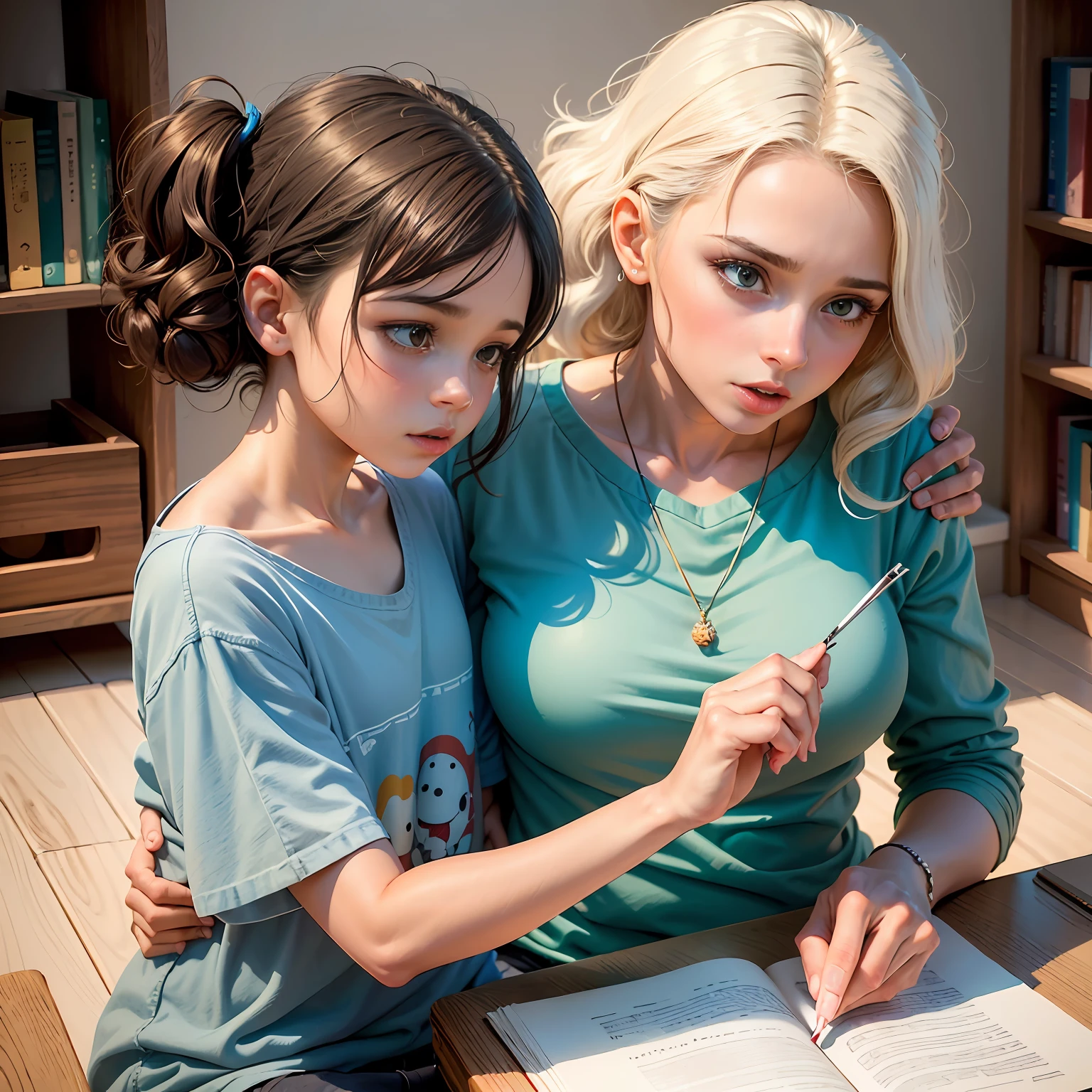 (Pintura), (obra de melhor qualidade), (obra-prima), Cartoon of a 26-year-old woman telling stories to her 2-year-old younger brother in a room full of books as the characters of the work pass through the book. menina com cabelo comprido ondulado e castanho, qualidade perfeita, foco nítido, colorido, anatomia perfeita, rosto perfeito, detalhes intrincados