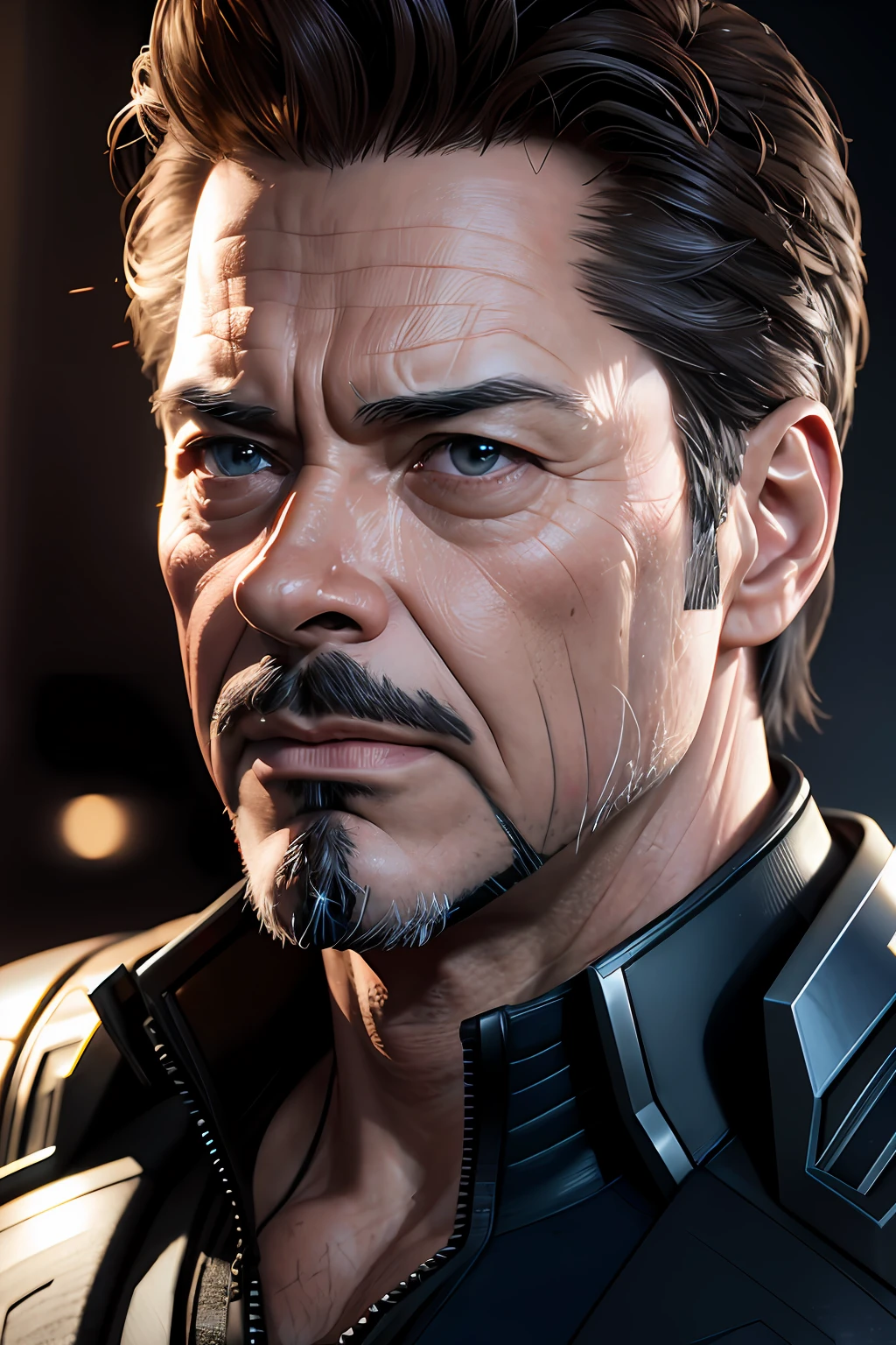 Marvel, Old man Tony Stark, realistically, dynamic lights, old, gray stubble, full shoot, (extremely detailed CG unity 8k wallpaper), trending on ArtStation, trending on CGSociety, High Detail, Sharp focus, dramatic, photorealistic