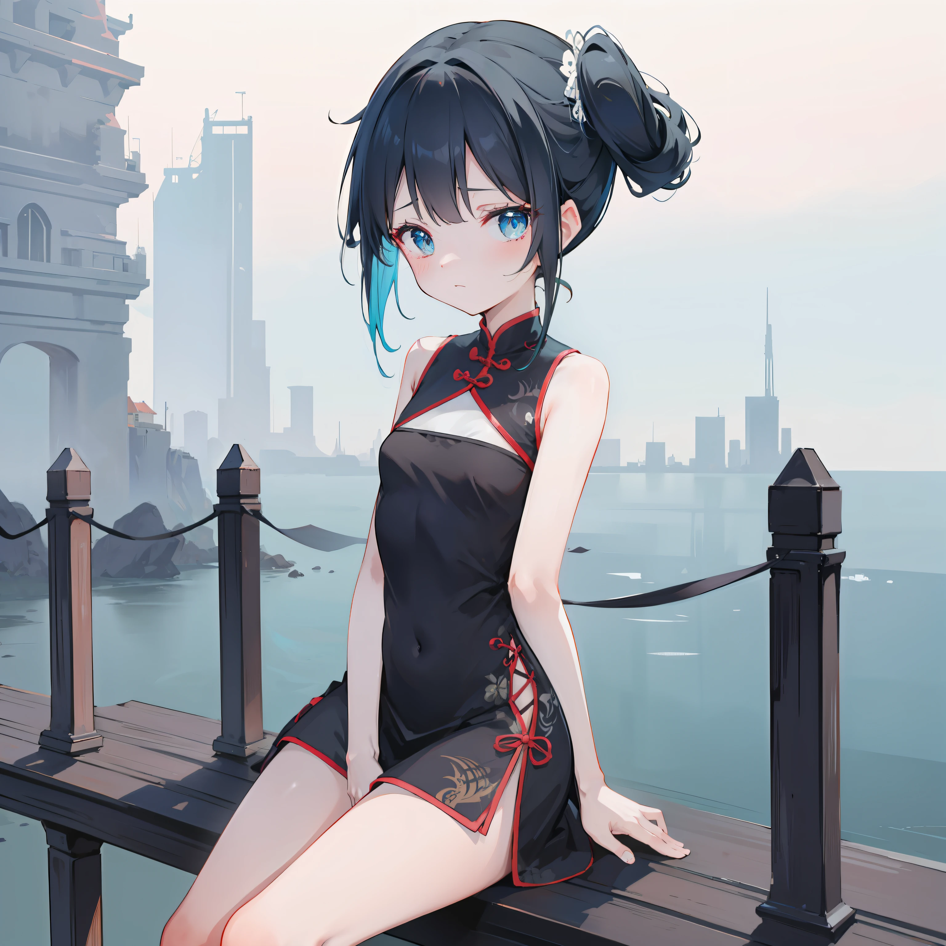 One ,Black double-height split split fork sleeveless skinny cheongsam,Simple cheongsam,There are dragon patterns on the clothes,delicate adorable face,Shy face,Cyan eyes,Double ponytail hairstyle,White skin of the,4K,tmasterpiece,rays of sunshine,lakeside,On the bridge,Delicate skin,Surprisingly beautiful,Protruding chest,chest,Open your chest,full bodyesbian,raising her legs