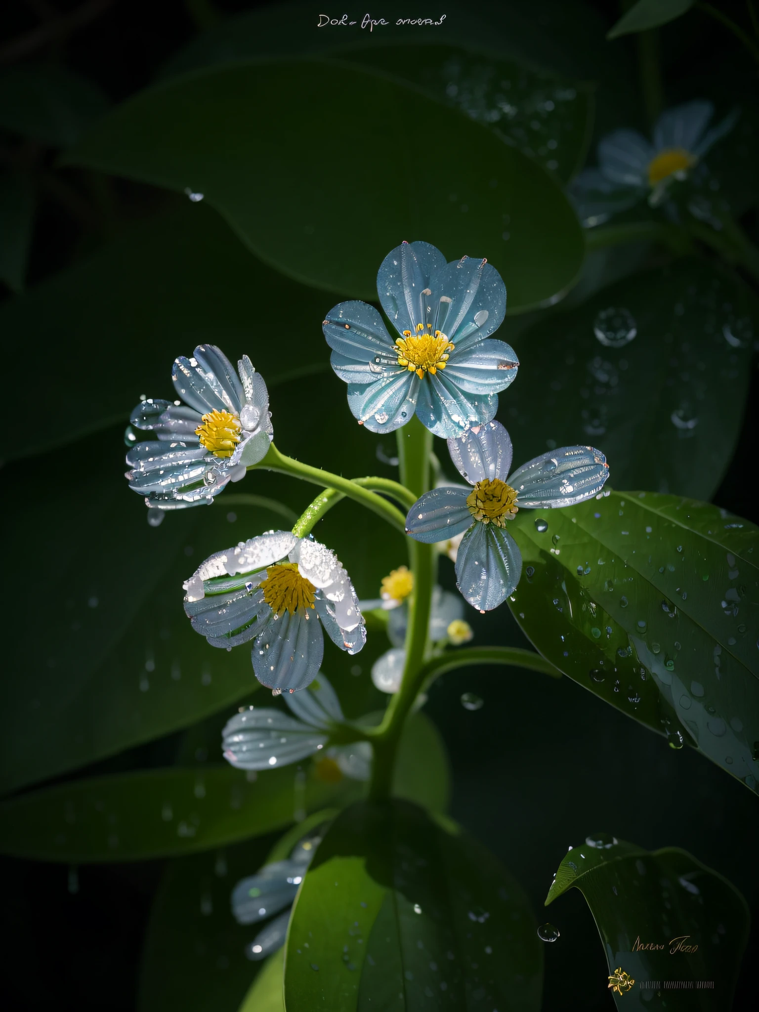 Close-up of a flower,There are water droplets on it, After the rain, flowers rain everywhere, surrounded flower, Dewdrops, flowers grow from the body, glass flowers, Luminous flowers, Summer morning dew, It just rained, transparent droplets, Glowing flowers, Dewdrops, glowing delicate flower, surreal waiizi flowers, plant photography, Magical flowers