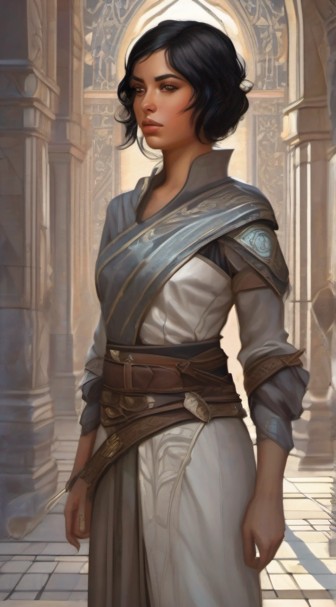 portrait of a young woman, thin tan-skinned noble female guard, short black hair, (((((grey))))) medieval fantasy knee-length northern broadcloth tunic with a wide ornamented sash, circuitry, granite arches background, detailed features, detailed environment, concept art, smooth, sharp focus, soft light, illustration, art by Jon Foster and Magali Villeneuve and artgerm,