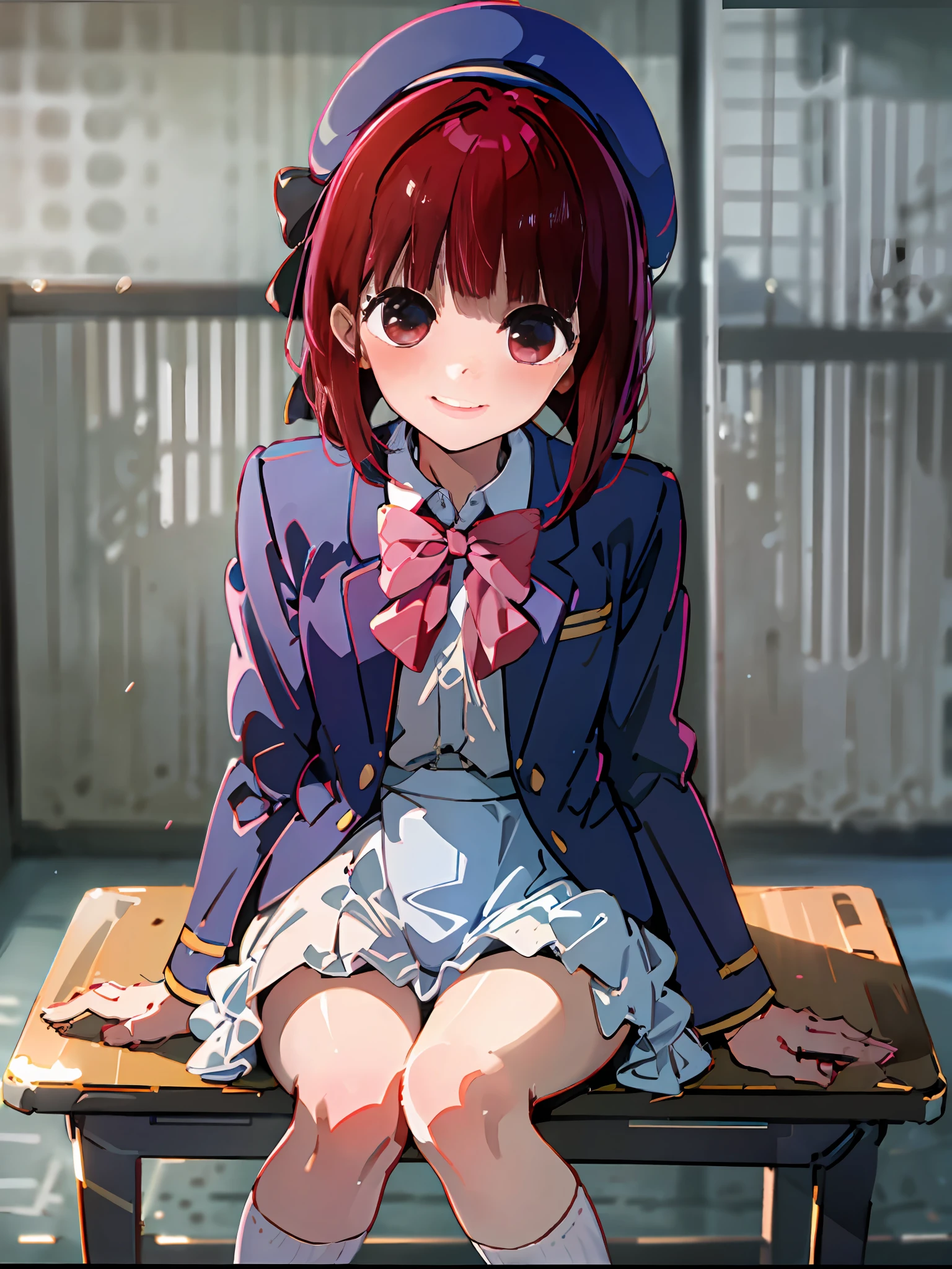 Masterpiece to detail, top quality, 1 petite girl, bangs, genius child actor, red hair, close-up, closed_mouth, baby face, smile, blush, shy, blue hat, hat, bow, pink bow tie, school uniform, blue jacket, jacket, skirt, gray skirt, 1 small 15 year old girl, solo, shirt, white shirt, legs, black socks, sitting, classroom, hair_ ornament, looking_at_viewer, beautiful detailed eyes, red eye, panty, skirt lifting, secret lesson, professional effect, delicate color, secret lesson, healthy