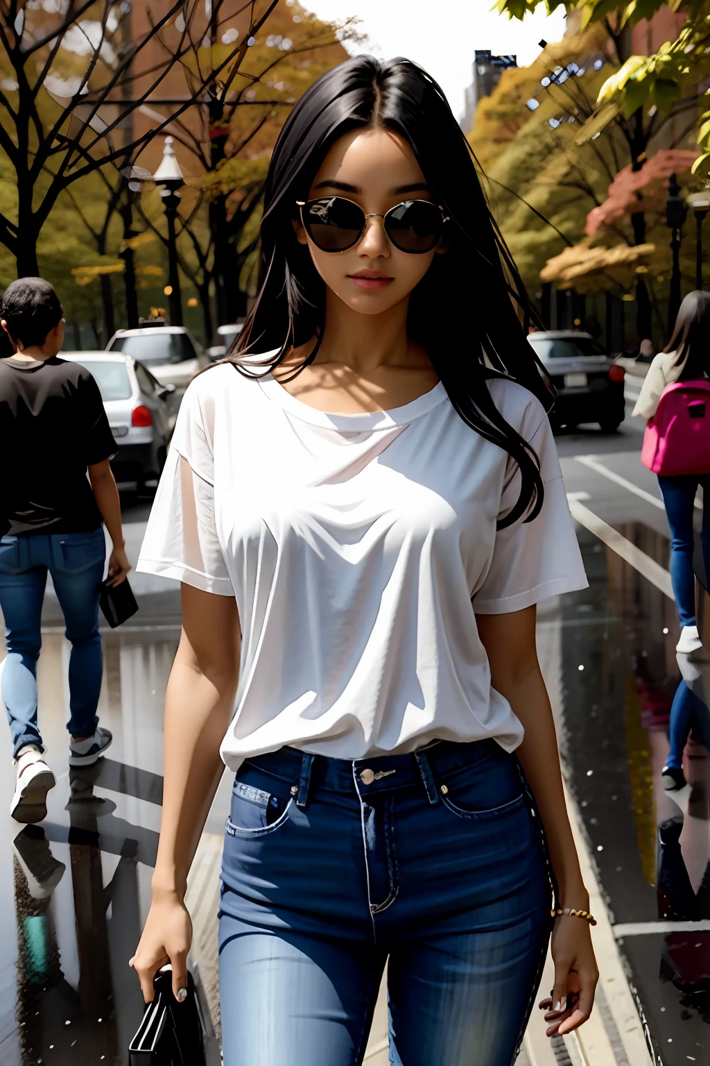realistic, realistic details, detailed,
break
1girl, Italian beautiful woman 23 years old, black hair, extremely beautiful, seductive pose, tanned skin, detailed skin complexion, medium breast, walking, basic dark pink tee-shirt, round neck plain full length tee-shirt, full body, skinny jeans, tight jeans, looking at viewer, Italian woman, sunglasses
break
outdoors, new york city, central park, trees, people in background, raining, dark skies, moody vibe, wet ground
break
from front, perspective, light and shadow contrast, rule of third, depth of field, sharp focus, foreground background, proportion, depth and dimension
break
(ulzzang-6500-v1.1:0.2)
