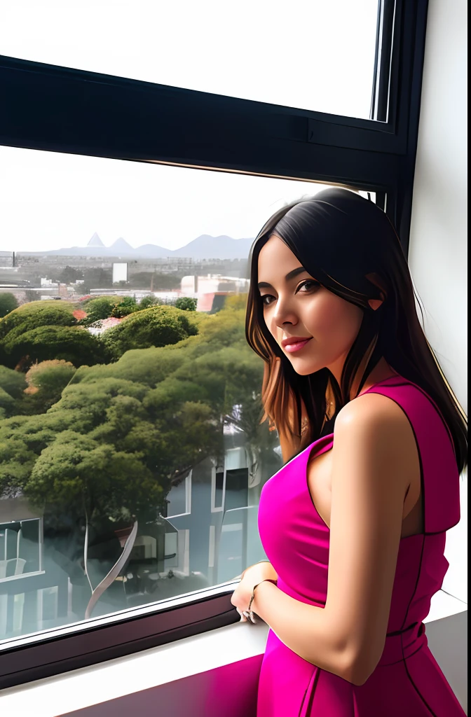 Rich Brazilian woman company owner blazer dark pink would be medium hair acoma of the shoulders voluminous in the office light and gold clothing blazer behaved colors of the empra pink lohas brown esculos window of the building large modern view with trees