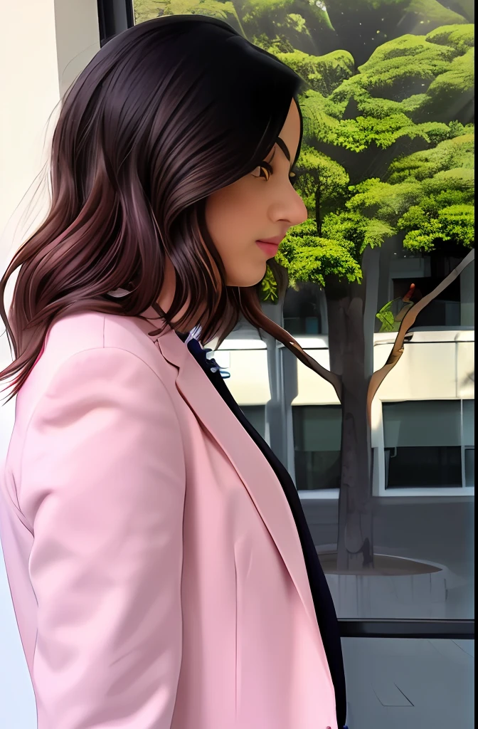 Rich Brazilian woman company owner blazer dark pink would be medium hair acoma of the shoulders voluminous in the office light and gold clothing blazer behaved colors of the empra pink lohas brown esculos window of the building large modern view with trees