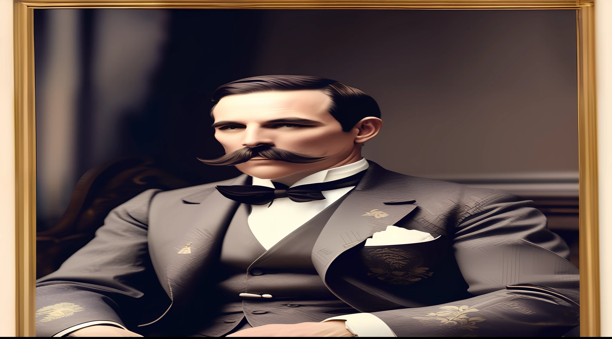 um homem de terno e gravata jacquard, inspirado em John D. Rockefeller, com bigode,
