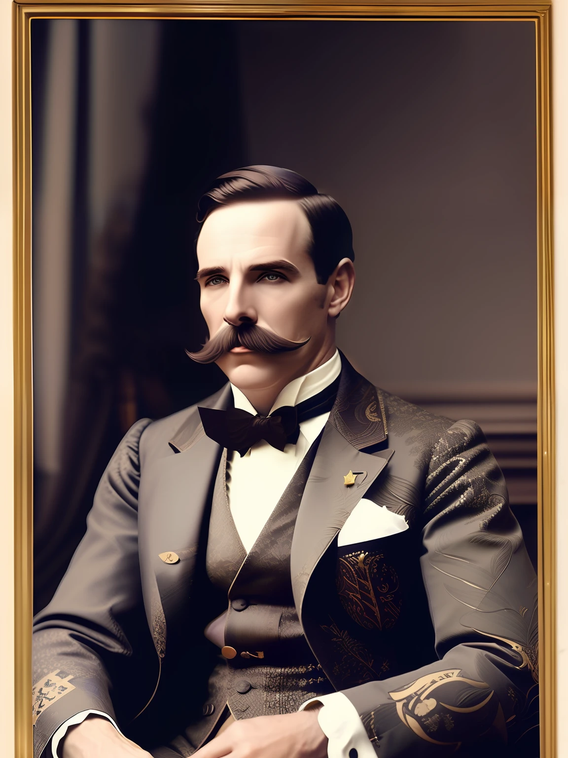 um homem de terno e gravata jacquard, inspirado em John D. Rockefeller, com bigode,
