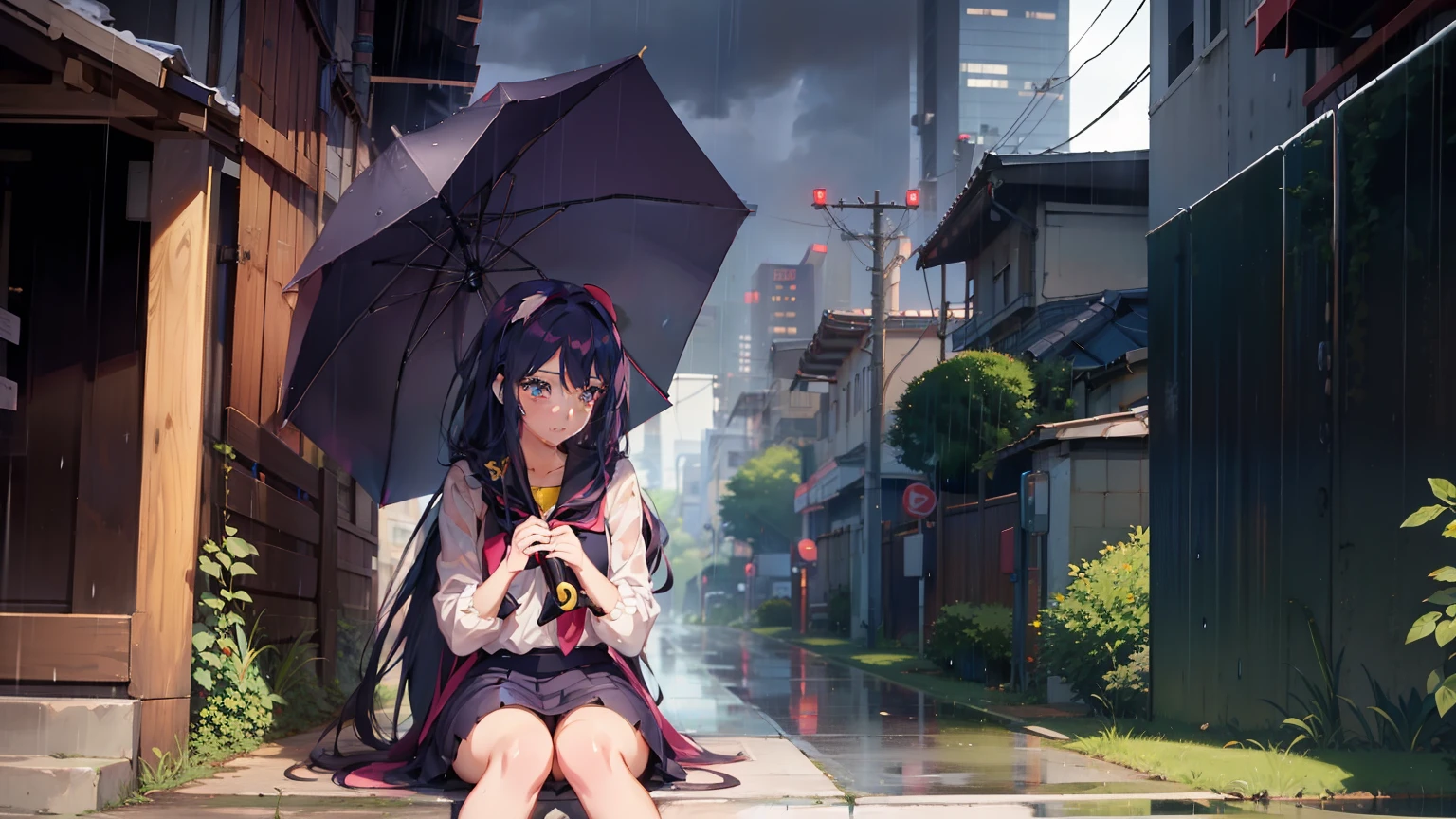 Anime girl sitting on the ground holding umbrella and mobile phone, after rain and no girl, Sateen!, Sateen, Sateen!!, anime moe art style, rainy wet, charming anime girls, Smooth Anime CG Art, beautiful anime high school girl, a hyperrealistic schoolgirl, just after rain, (Anime Girl), Rei Hiroe, an anime girl, holding a umbrella