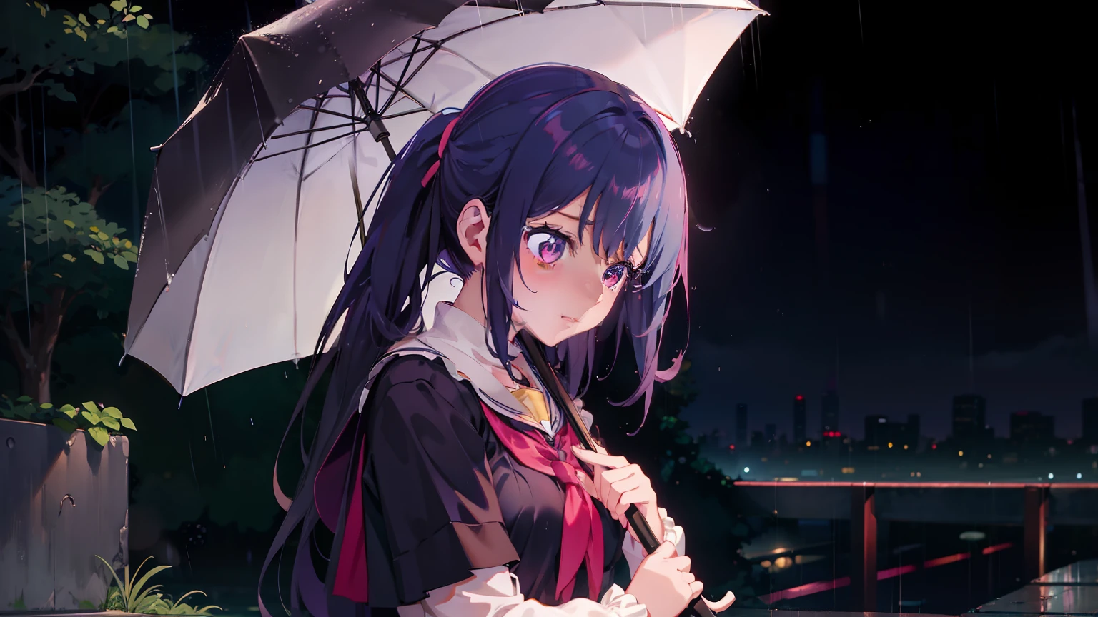 Anime girl sitting on the ground holding umbrella and mobile phone, after rain and no girl, Sateen!, Sateen, Sateen!!, anime moe art style, rainy wet, charming anime girls, Smooth Anime CG Art, beautiful anime high school girl, a hyperrealistic schoolgirl, just after rain, (Anime Girl), Rei Hiroe, an anime girl, holding a umbrella