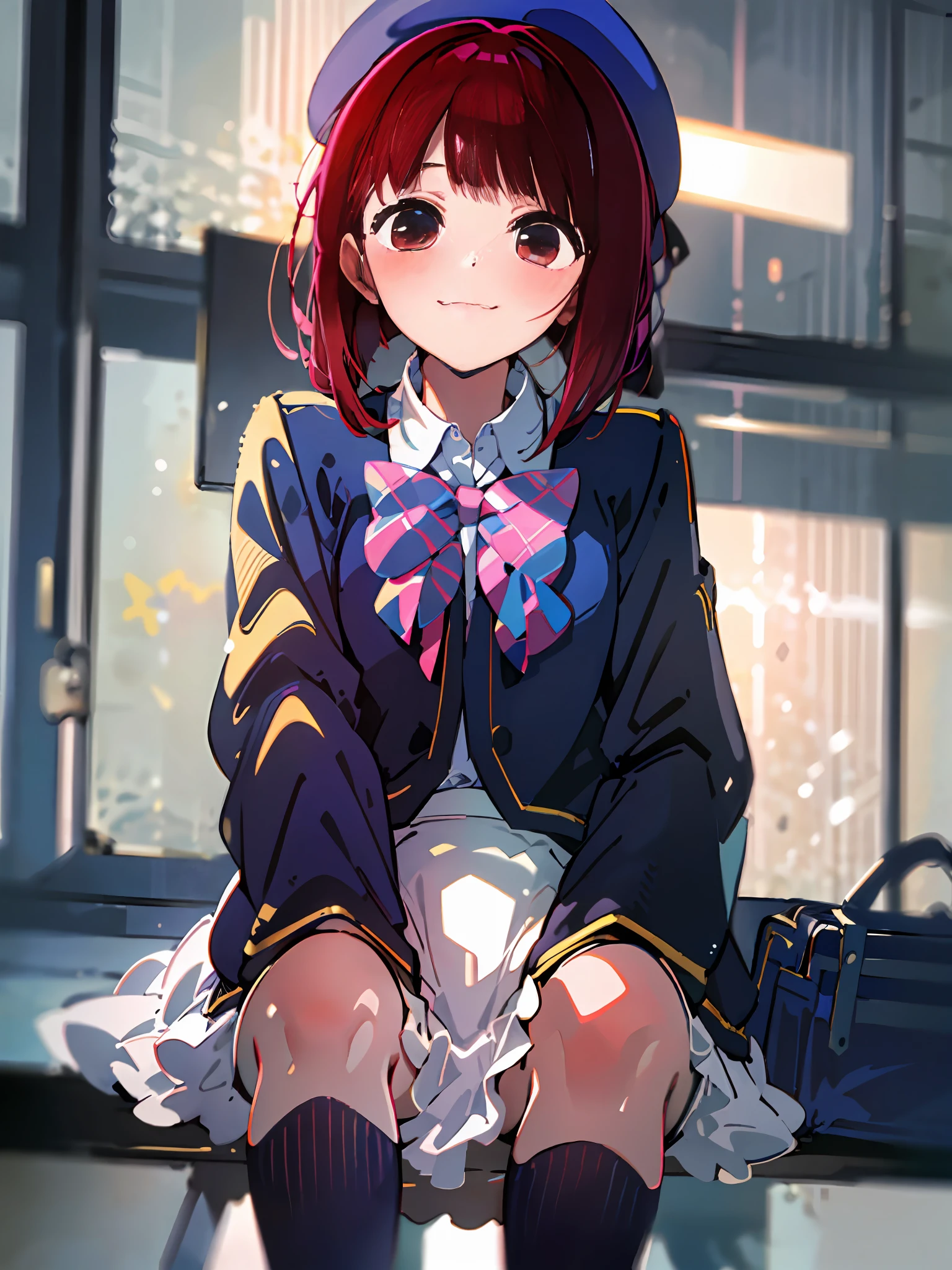 Masterpiece to detail, top quality, 1 petite girl, bangs, genius child actor, red hair, close-up, closed_mouth, baby face, smile, blush, shy, blue hat, hat, bow, pink bow tie, school uniform, blue jacket, jacket, skirt, gray skirt, 1 small 15 year old girl, solo, shirt, white shirt, legs, black socks, sitting, classroom, hair_ ornament, looking_at_viewer, beautiful detailed eyes, red eyes, panties and skirt lifting, secret lessons, professional effects, delicate colors,