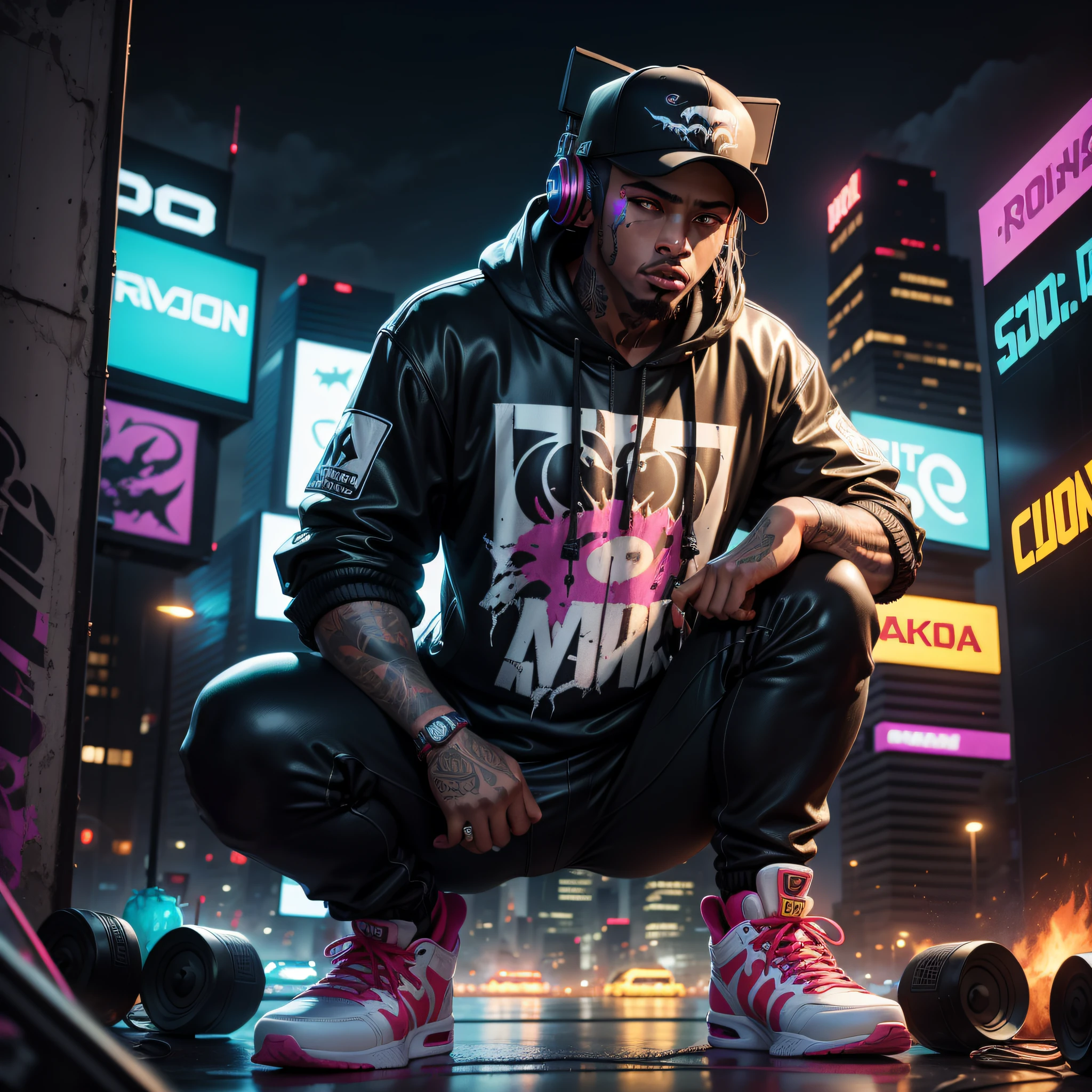 Venom, in hip-hop attire, bops to rap beats amid a neon cityscape, surrounded by floating boomboxes and graffiti-wrapped clouds.