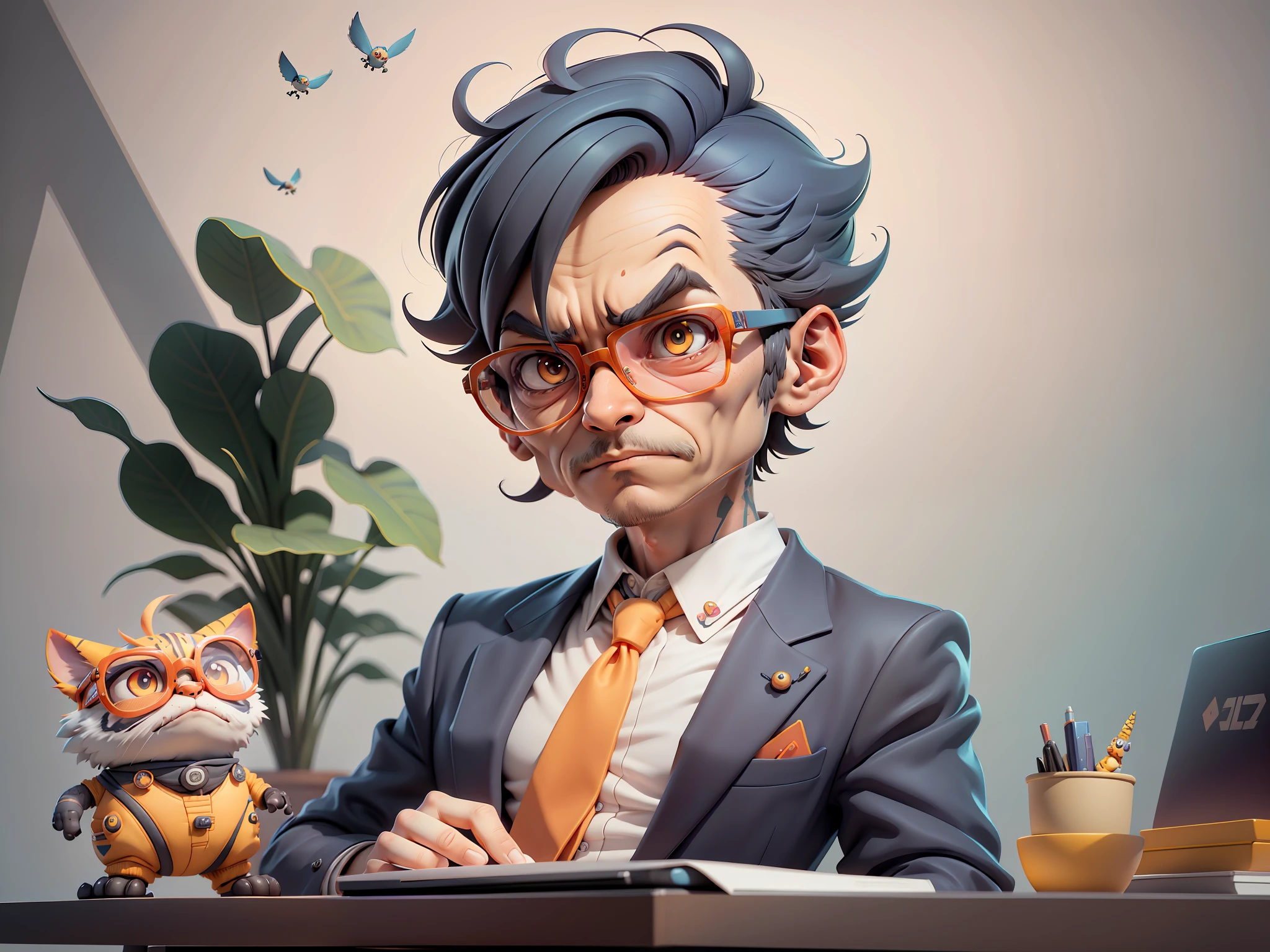 A young man in a suit, Short hair and glasses sat at his desk,holding laptop,digitial painting,tigre,3D character design by Mark Clairen and Pixar and Hayao Miyazaki and Akira Toriyama,4K HD illustration,Very detailed facial features and cartoon-style visuals。