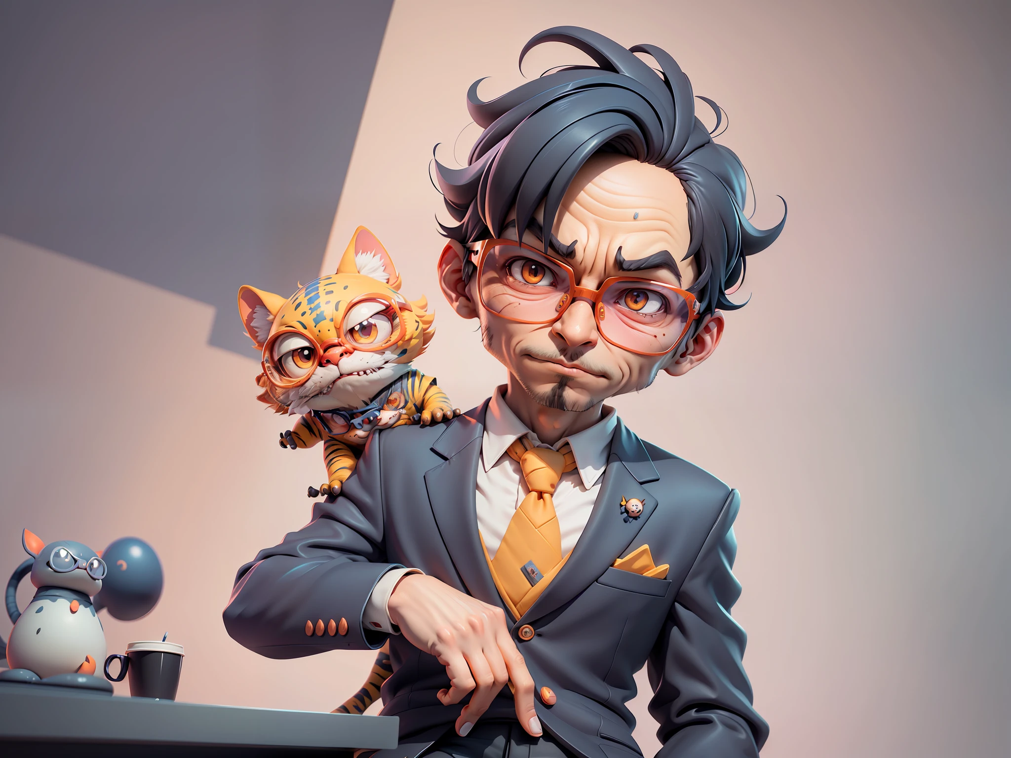 A young man in a suit, Short hair and glasses sat at his desk，holding laptop，digitial painting，tigre，3D character design by Mark Clairen and Pixar and Hayao Miyazaki and Akira Toriyama，4K HD illustration，Very detailed facial features and cartoon-style visuals。