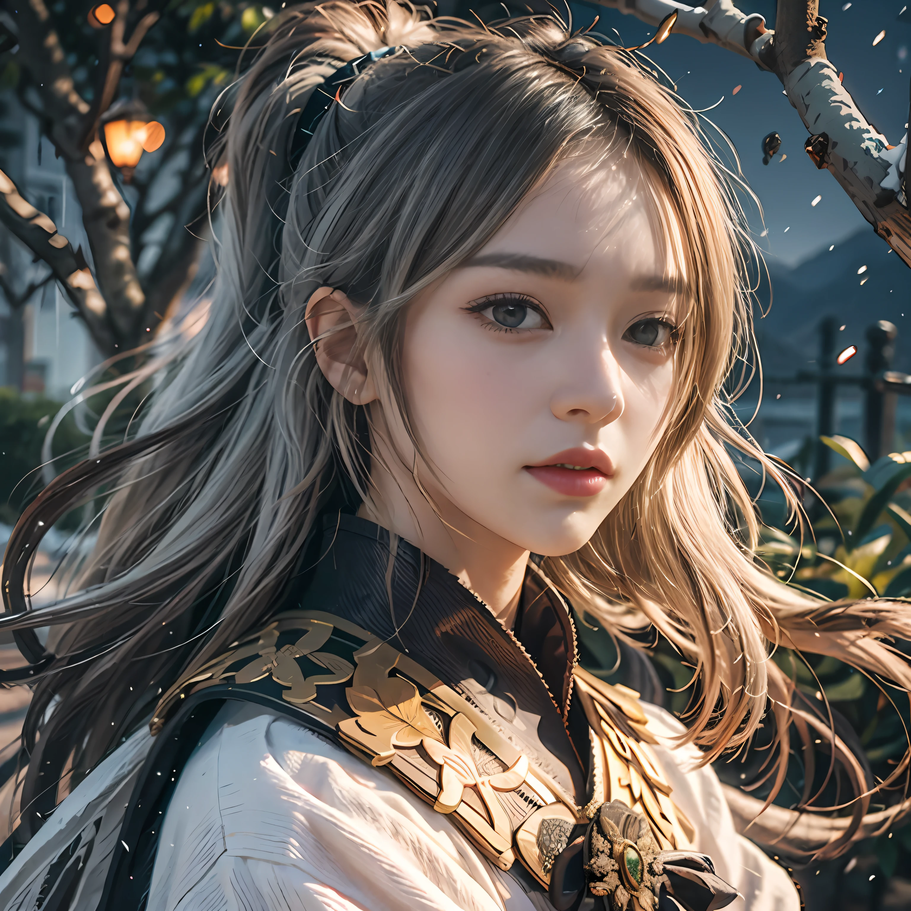 (Japanese samurai during the shogunate:2),Japan antiquity,Red samurai costume,full bodyesbian,katana swords,The badge on Tokugawa Ieyasu's clothes,(Yellow Ginkgo Biloba Forest:1.5),Gentle eyes,snowy night,(tmasterpiece,realisticlying,best qualtiy:1.2),Hair blown by the wind,(Short silver-white hair,Short hair in a ponytail:2),Detailed face and eyes,Delicate and beautiful face, Far Mountain, Tree BREAK making art,Lots of green and orange,Complicated details,Volumetric lighting BREAK(tmasterpiece:1.2),(best qualtiy),4K,ultra - detailed,(dynamic compositions:1.4),detail-rich,plethora of colors,(Irridescent color:1.2),(Atmospheric lighting),dream magical,magical,(独奏:1.2)