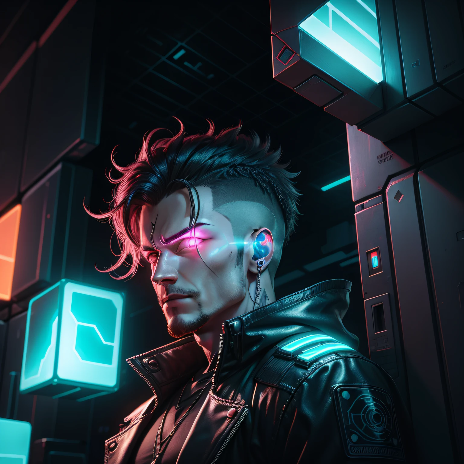 a man cyberpunk in front of a technological cube and glowing on a background