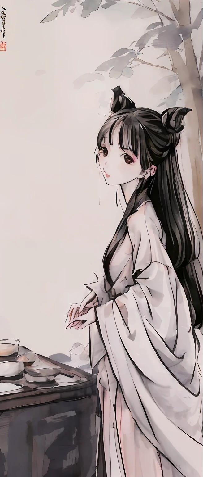 ((4K, Masterpiece, Best Quality)), Ink Painting, Traditional Chinese Ink Painting, Lotus, Hanfu, Maxi Kit, Modestly Dressed One Girl, Solo, White Hair, Long Hair, Fox Ears, Caucasian, Bikini, Fish, Many Nearby fish looking at viewer teasing