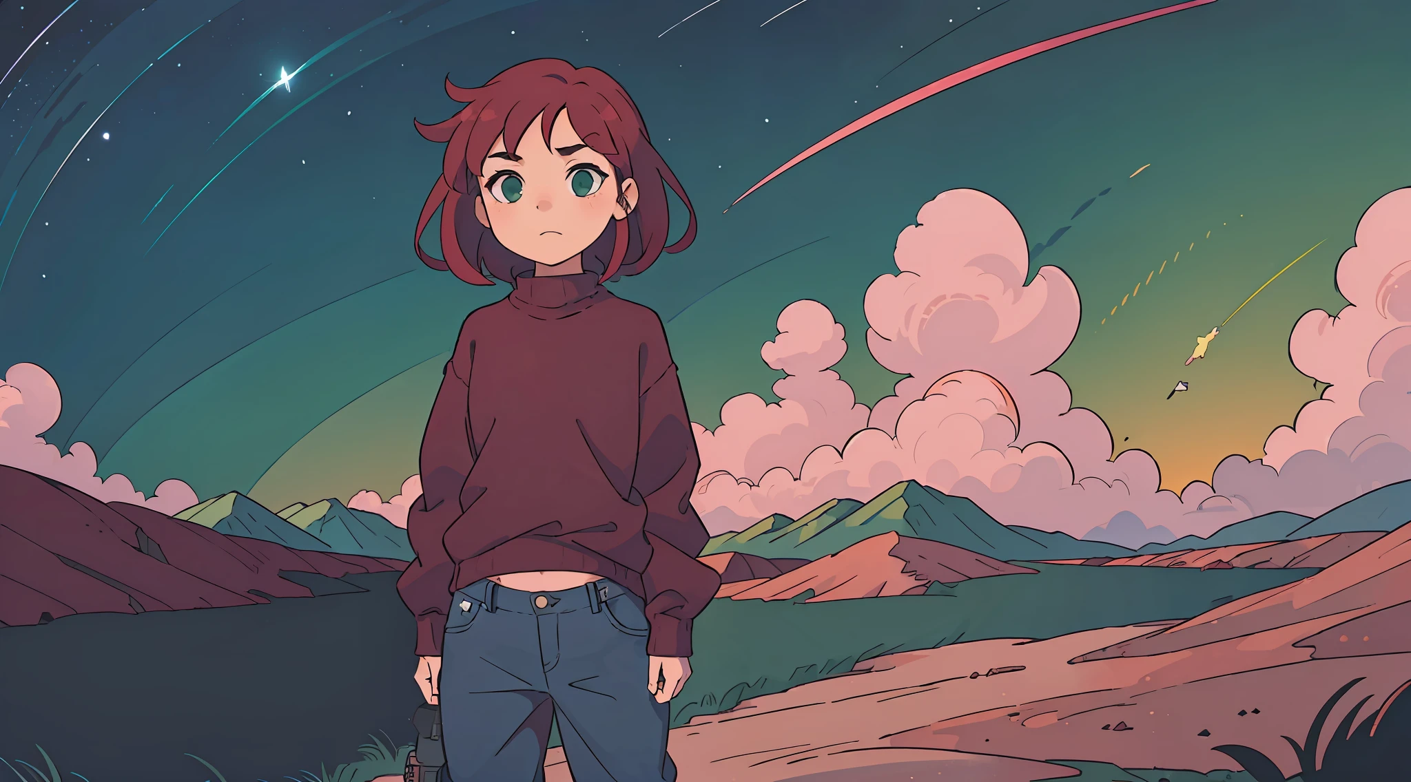 adorable girl with crimson hair, baggy jeans, a dark green knitted sweater, dark pink converse, Martian landscape, Sci fi gun in right hand held up to chest,