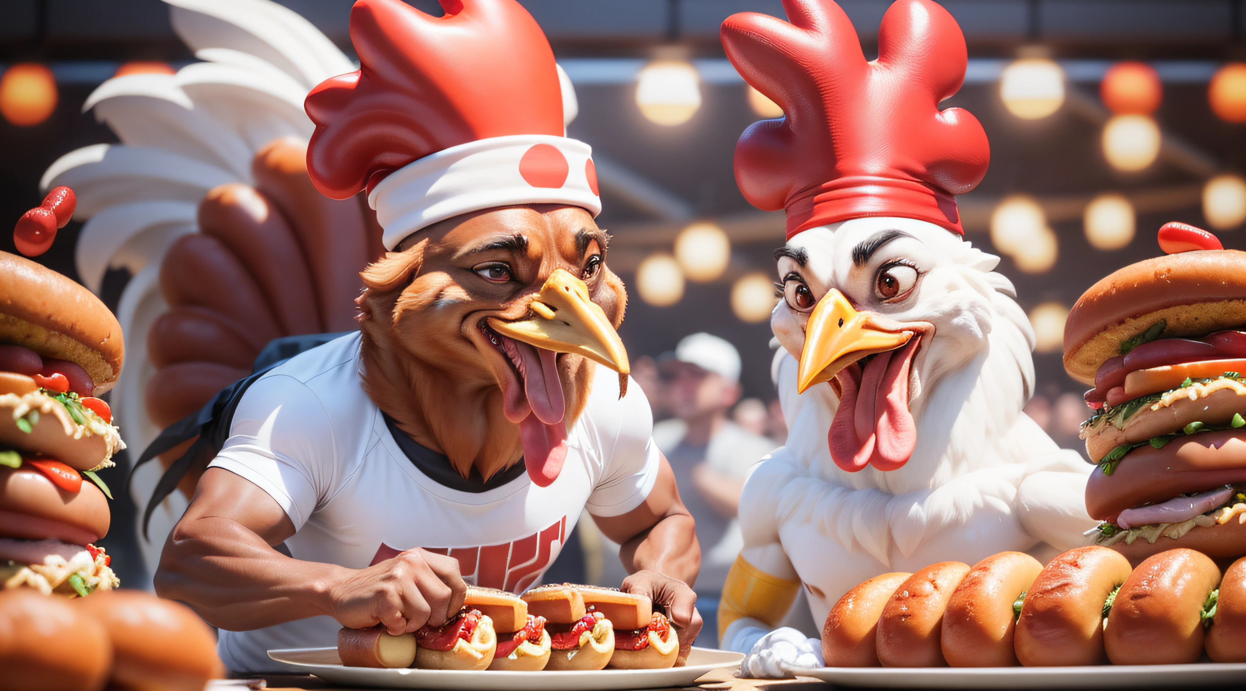 anthropomorphic chicken competing in a hot dog eating contest, wearing a headband resembling Matt Stonie, devouring towering piles of hot dogs with gusto, captured in an action-packed pose, displaying a range of emotive expressions.