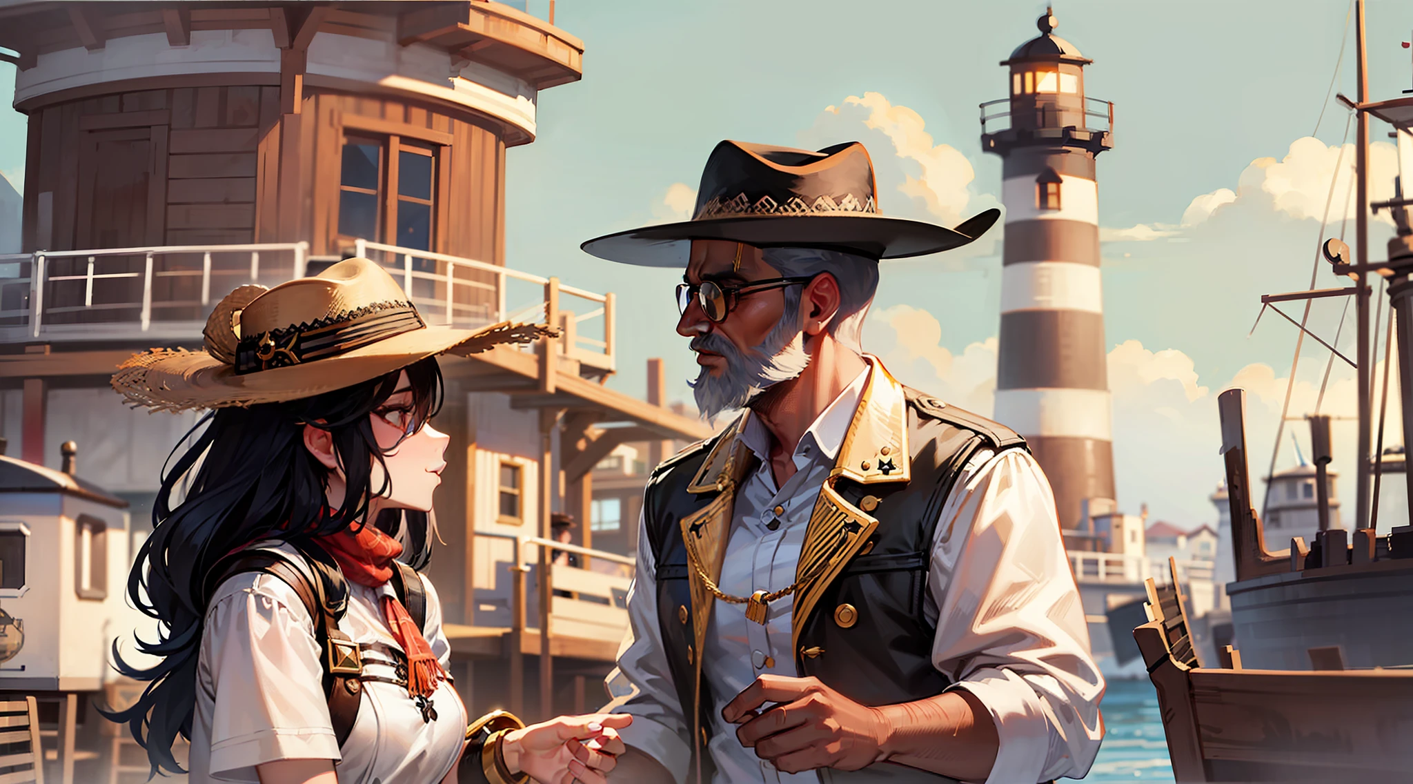 "A girl with ebony hair and a stylish cowboy hat engaging in a lively conversation with an aged man ship captain at the bustling seaport in close proximity to a picturesque white lighthouse, don't change the beard of captain."