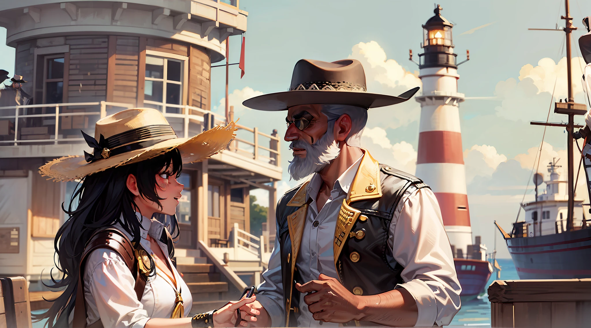 "A girl with ebony hair and a stylish cowboy hat engaging in a lively conversation with an aged man ship captain at the bustling seaport in close proximity to a picturesque white lighthouse, don't change the beard of captain."