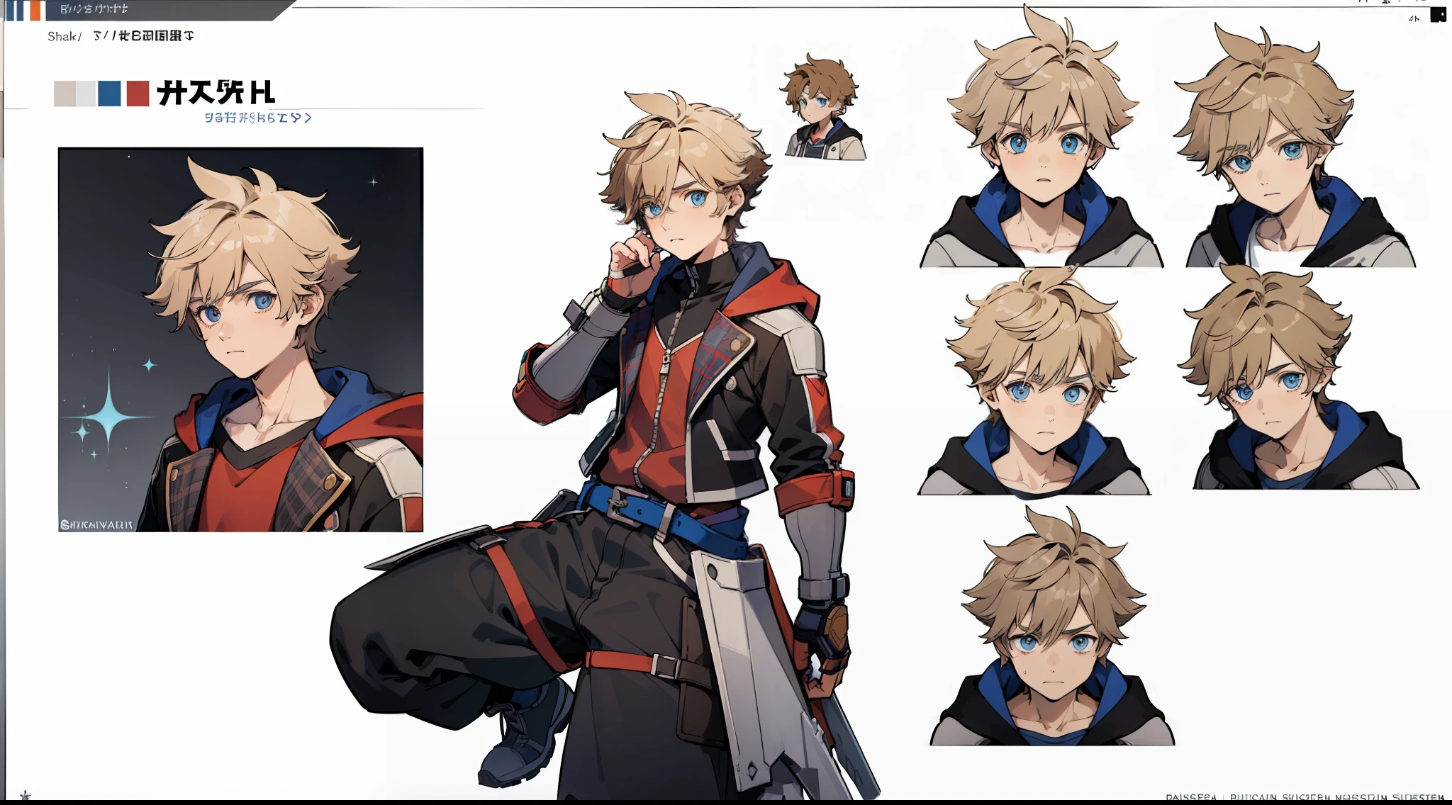 ((Masterpiece, highest quality)), detailed face, character sheet, Full body, 1boy, blue eyes, blonde hair, brown hair, short hair, messy hair, ((spiky hair)), hoodie, hair between eyes, school uniform, grey theme, full of details, multiple poses and expressions, highly detailed, depth, many parts