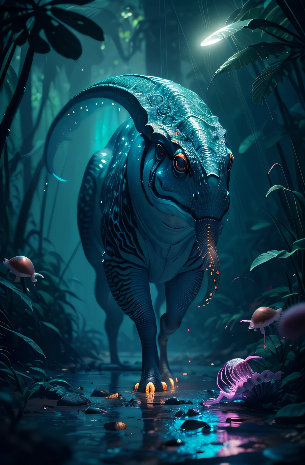 Big creature like herbivorous peaceful dinozaur with ((six legs)) creature with transparent and lighting body, walking on all six legs, (((cuttlefish head))), ((four eyes)),jellyfish transparent body, six leghs, in the jungle, jungle, rain forest, high image quality, realistic look, high-resolution photography, 8K, full-frame matrix, deep shadows, ((one character)), (intricate details, subsurface scattering, hyperdetailed:1.15), (hyperrealism, volumetric lighting, sharp:1.5) Fujifilm XT3