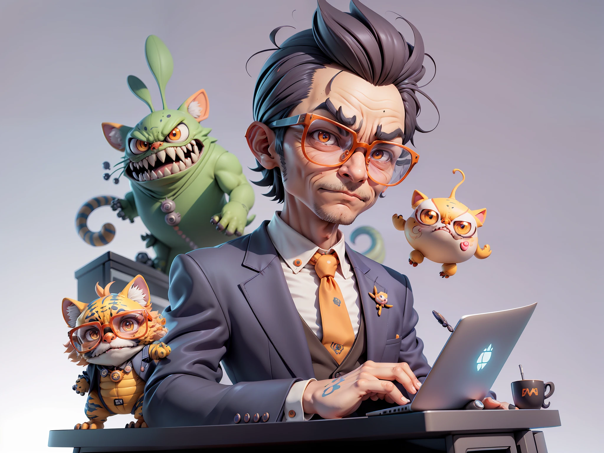 A young man in a suit, Short hair and glasses sat at his desk,holding laptop,digitial painting,tigre,3D character design by Mark Clairen and Pixar and Hayao Miyazaki and Akira Toriyama,4K HD illustration,Very detailed facial features and cartoon-style visuals。