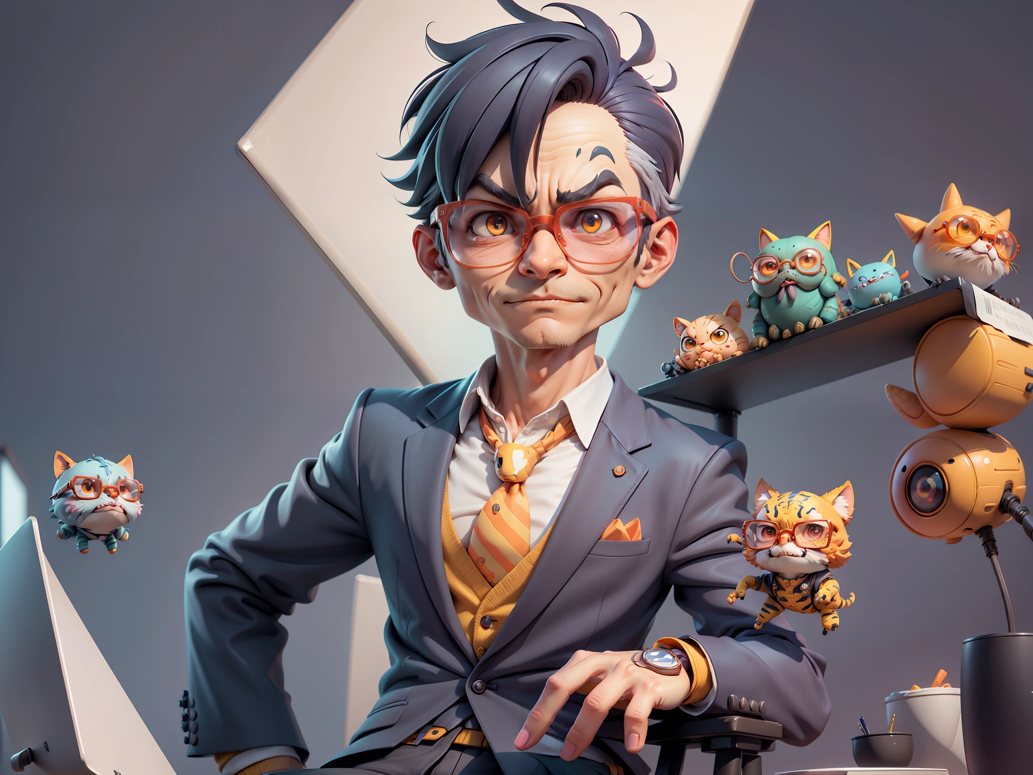 A young man in a suit, Short hair and glasses sat at his desk,holding laptop,digitial painting,tigre,3D character design by Mark Clairen and Pixar and Hayao Miyazaki and Akira Toriyama,4K HD illustration,Very detailed facial features and cartoon-style visuals。