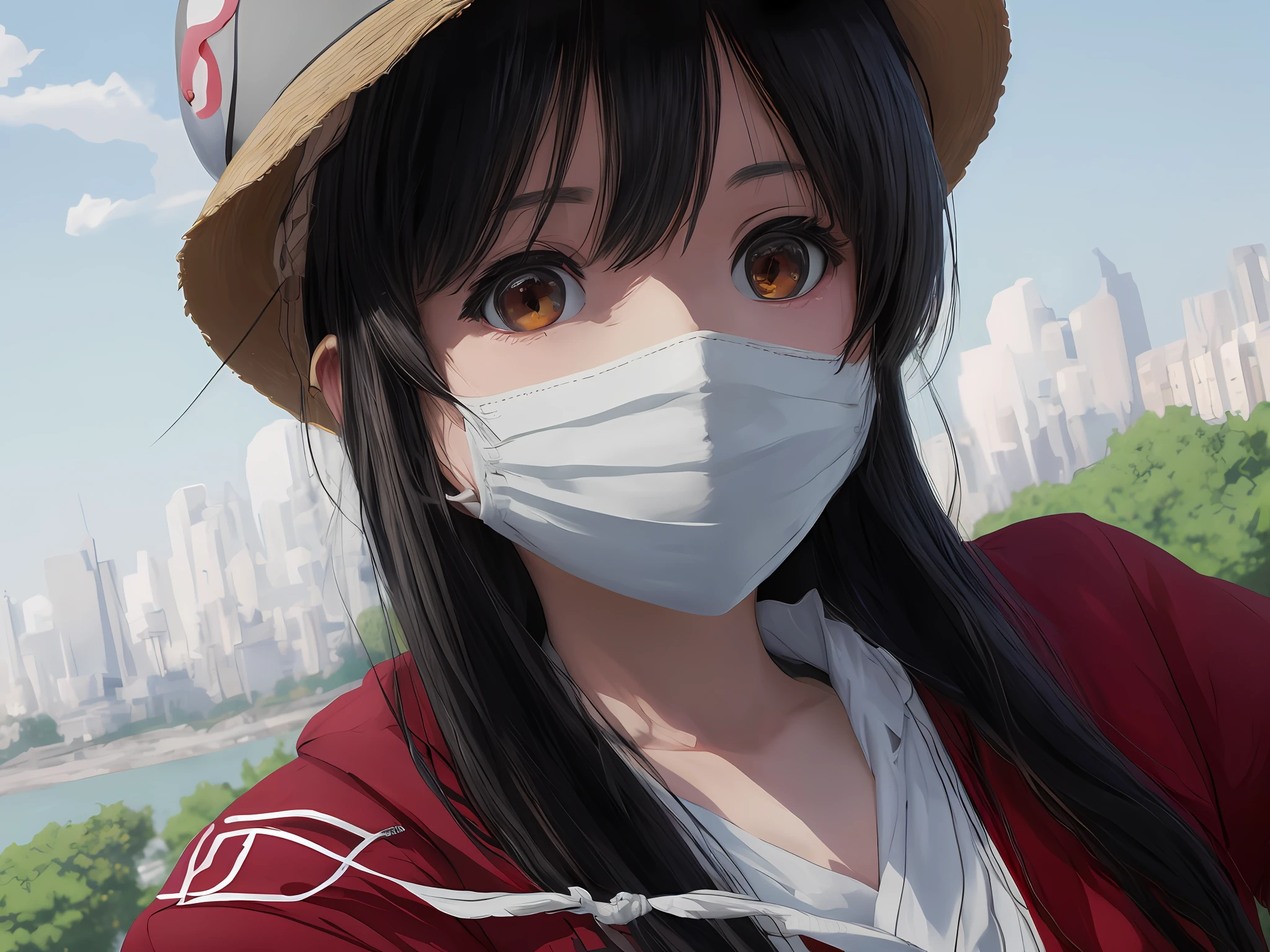 Anime girl in mask and hat，The background is a city, Guviz-style artwork, 8K)), trending on cgstation, Realistic anime 3 D style, Guviz, Anime style. 8K, Digital anime illustration, clean artstyle, 🤤 girl portrait, drawn in anime painter studio, Smooth anime CG art