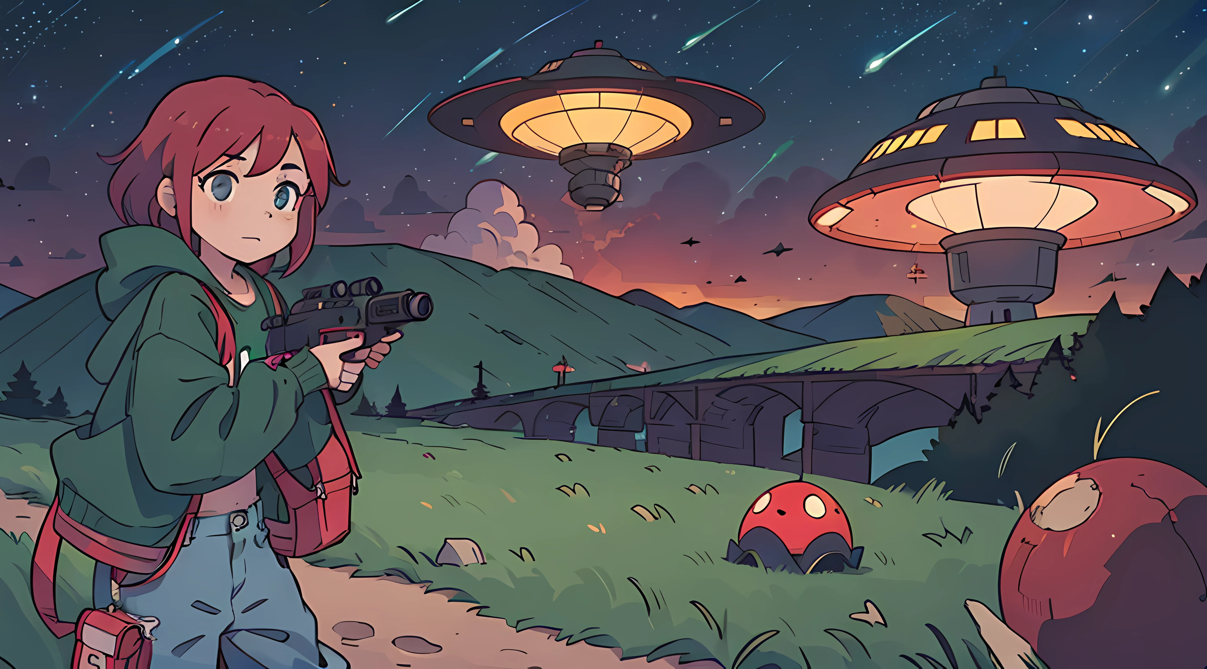 adorable girl with crimson hair, baggy jeans, a dark green knitted sweater, dark pink converse, Martian landscape, Sci fi gun in right hand, ufo in sky
