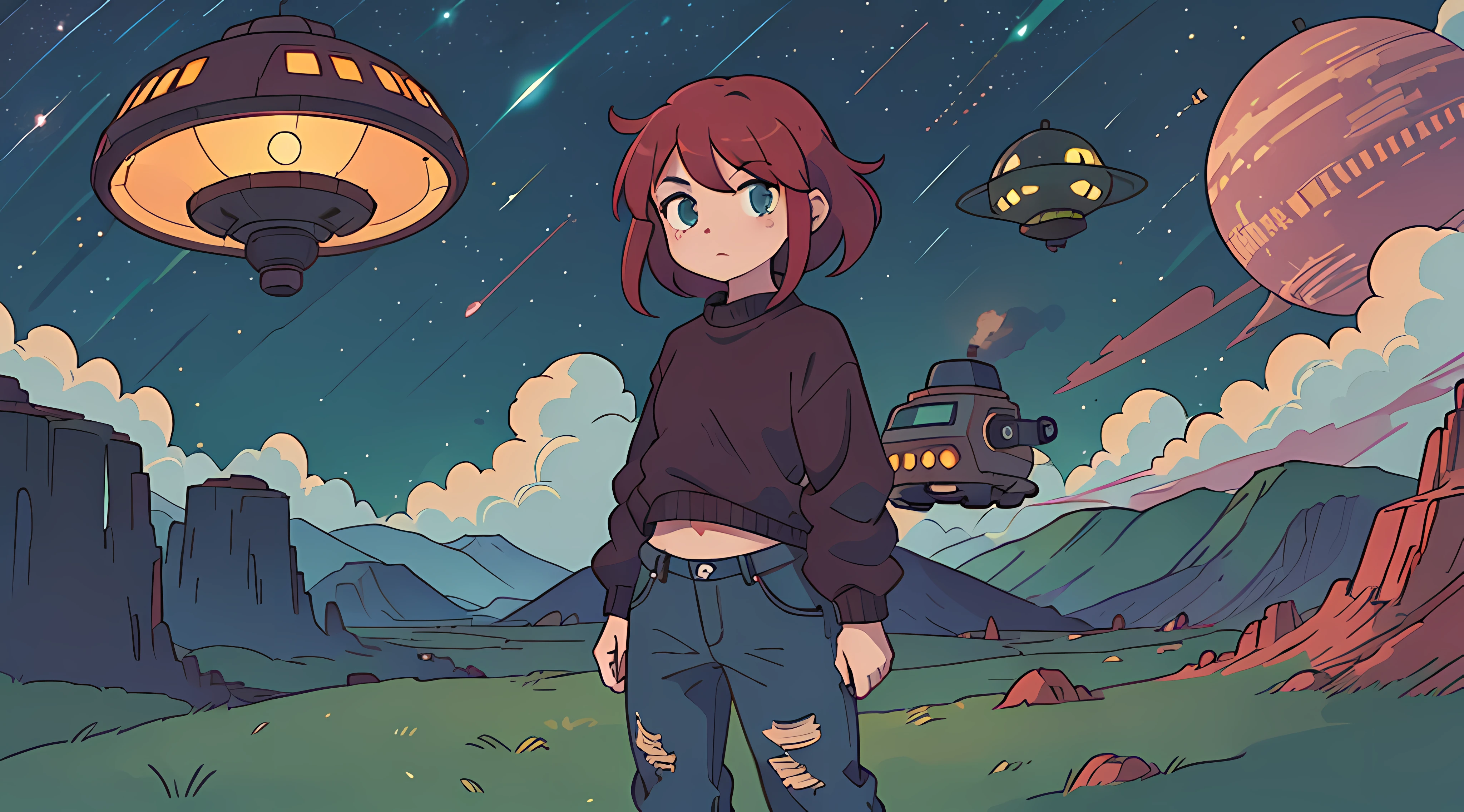 adorable girl with crimson hair, baggy jeans, a dark green knitted sweater, dark pink converse, Martian landscape, Sci fi gun in right hand, ufo in sky