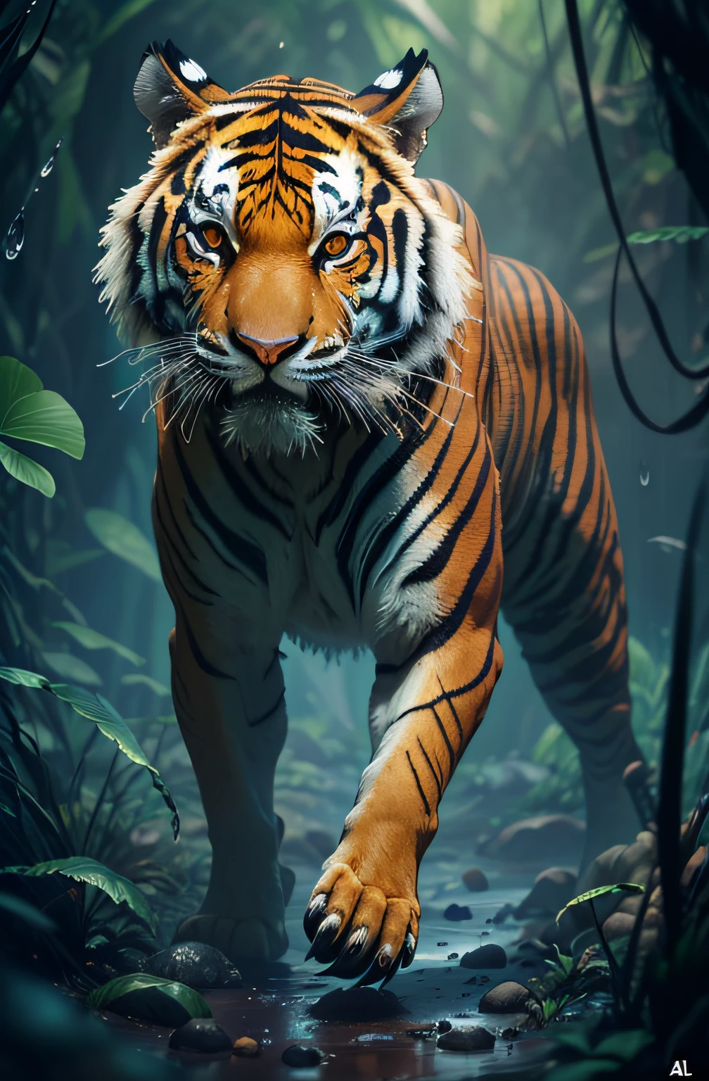 predator creature like tiger with ((six legs)) creature with transparent and lighting body, walking on all six legs, (((cuttlefish head))), ((four eyes)),jellyfish transparent body, six leghs, in the jungle, jungle, rain forest, high image quality, realistic look, high-resolution photography, 8K, full-frame matrix, deep shadows, ((one character)), (intricate details, subsurface scattering, hyperdetailed:1.15), (hyperrealism, volumetric lighting, sharp:1.5) Fujifilm XT3