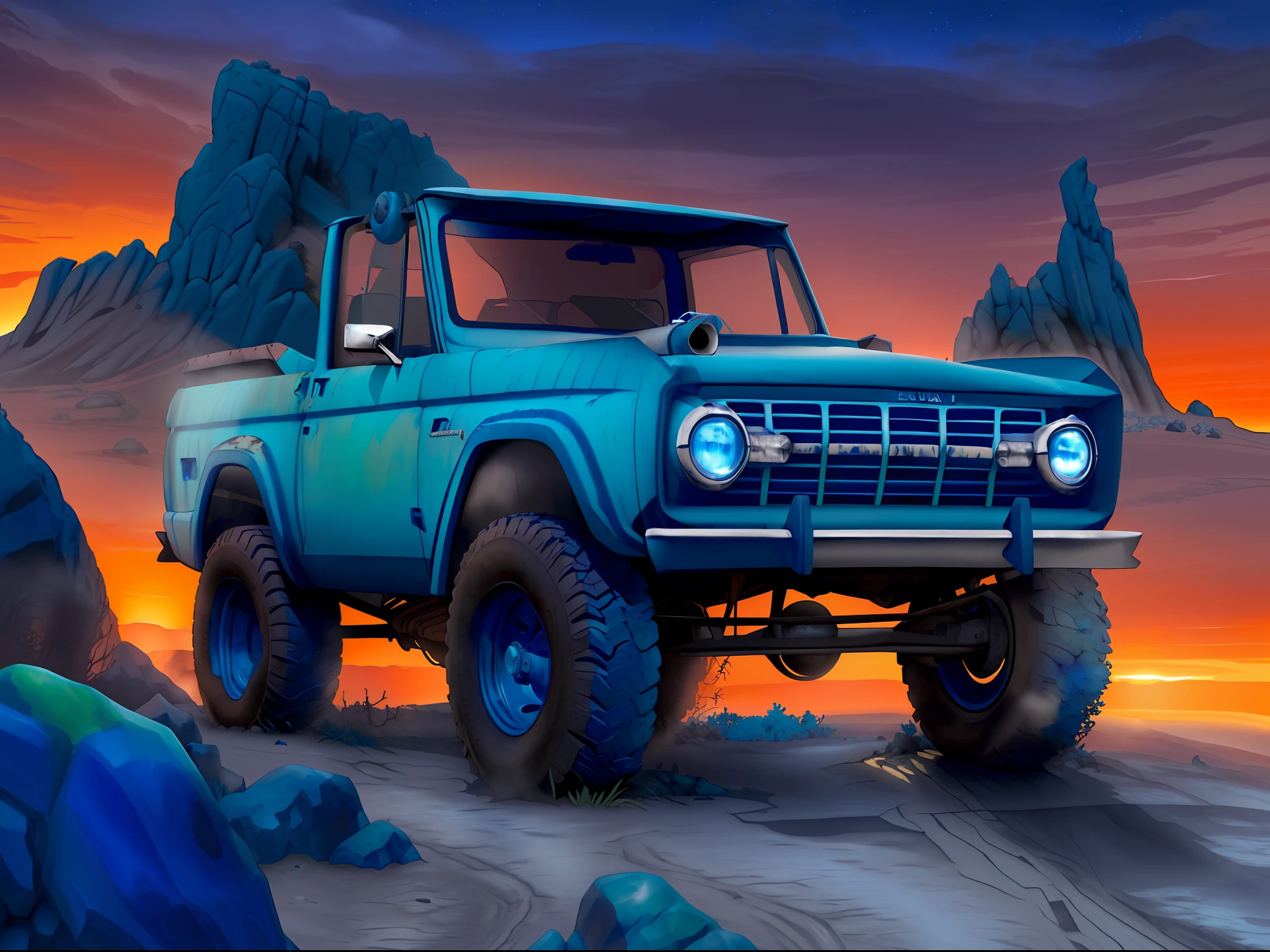 imagem 3d de um ((carro com da cor azul envelehecida e com sinais de ferrugem)) super realista, grade frontal cromada , peneus de borracha sujos de terra , rodas cromadas, (dirt road with low natural vegetation) , pedras realista , Sky with a beautiful sunset , imagem perfeita, Ultra realista .