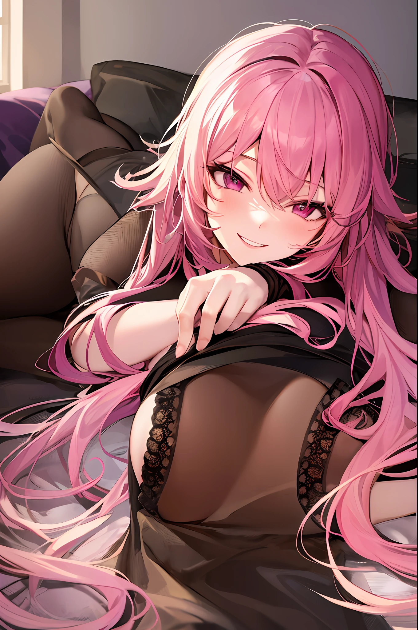 pink hair,Masterpiece, top quality, high resolution, solo, loose hair, small breasts, indoors, misaligned bra, lingerie (range: 1.2), close focus, pantyhose, lying down, top, very_long_hair, bed, shaggy boyshorts, pantyhose, heavy breathing, sexual expression invite, smiling