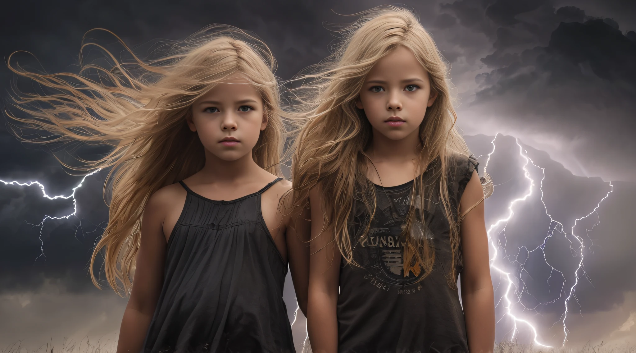 Um meio corpo, Portrait of 3 girls German children long blonde hair TRAIDS 12 years, jaquetas couro vermelhas, holding in his hands a cross, Image of a large cloud of black smoke and lightning, magic storm and thunder clouds, Dark clouds and lightning, stormy sky with thunders, dark storms with lightning, thunderstorm in the sky, tempestade assustadora, fundo da tempestade, lightning clouds, nuvens tempestuosas escuras, tempestade, Tempo tempestuoso com raios, fundo da tempestade, trovoada ao fundo, fundo da tempestade de raios, Trovoadas