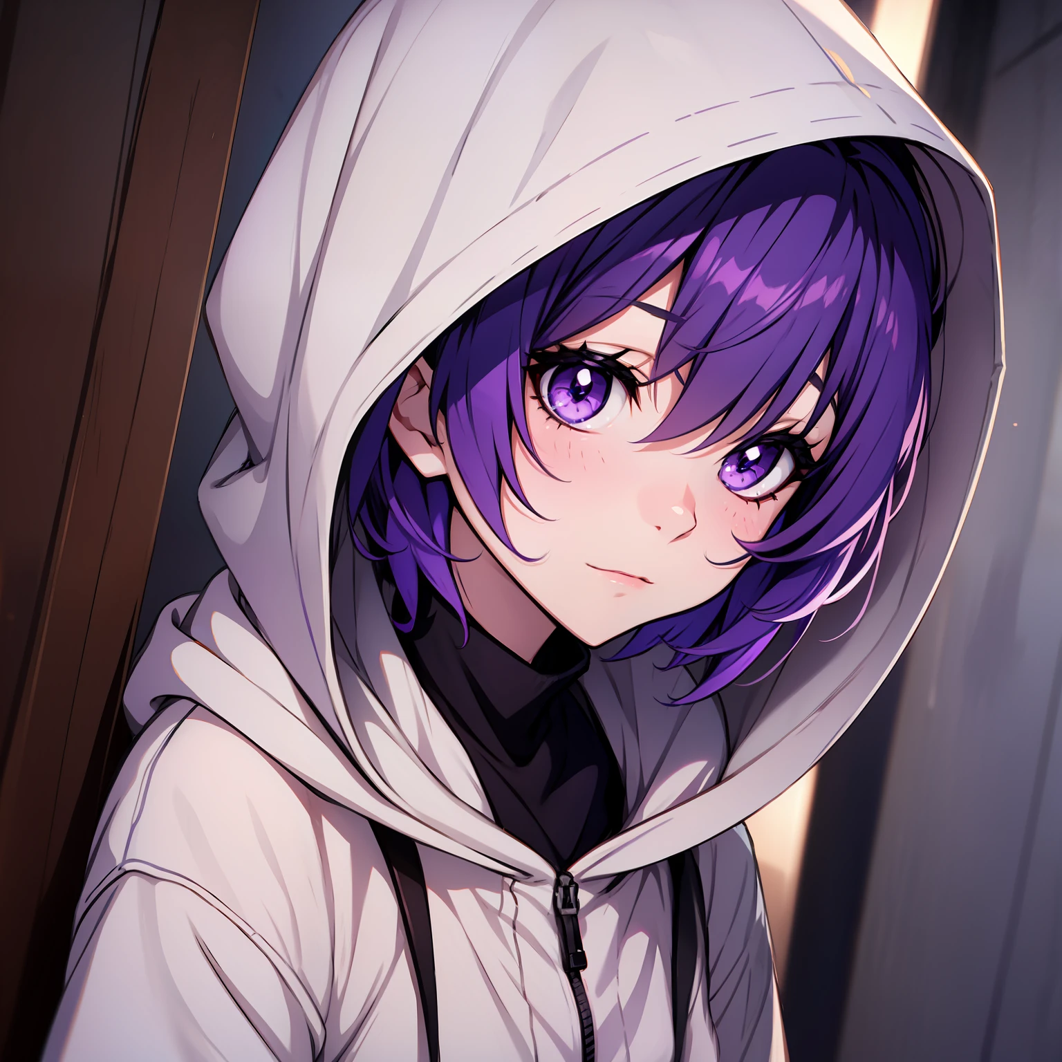 purple hair, short hair hair, Dilated Pupils, purple eyes, purple eyes, hood, Shy up, blush, bored, Surrealism, highly detail, anime style, POV, 8k, ultra-detail