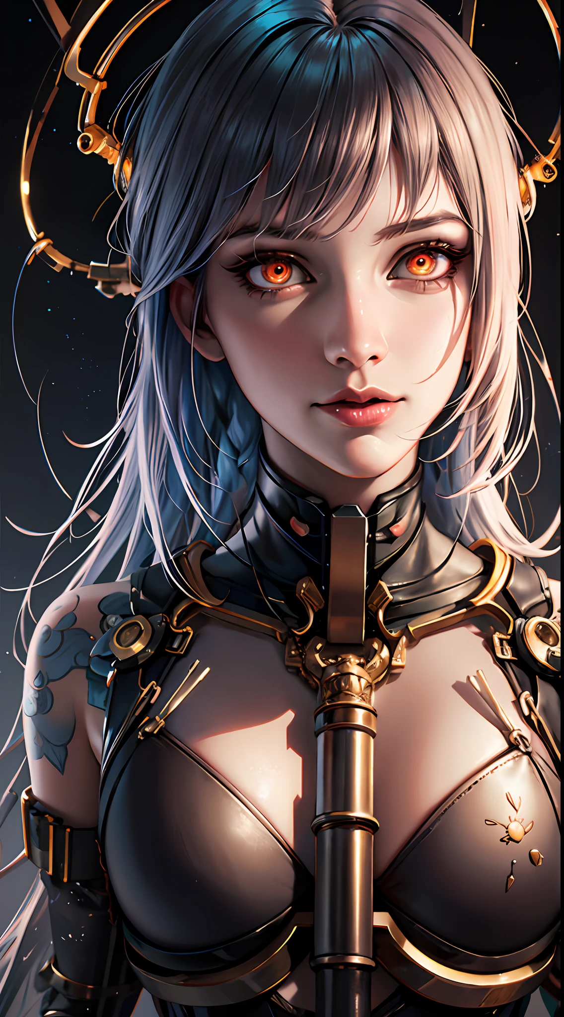 1mechanical girl,((ultra realistic details)), portrait, global illumination, shadows, octane render, 8k, ultra sharp,metal,intricate, ornaments detailed, cold colors, egypician detail, highly intricate details, realistic light, trending on cgsociety, glowing eyes, facing camera, neon details, machanical limbs,blood vessels connected to tubes,mechanical vertebra attaching to back,mechanical cervial attaching to neck,sitting,wires and cables connecting to head