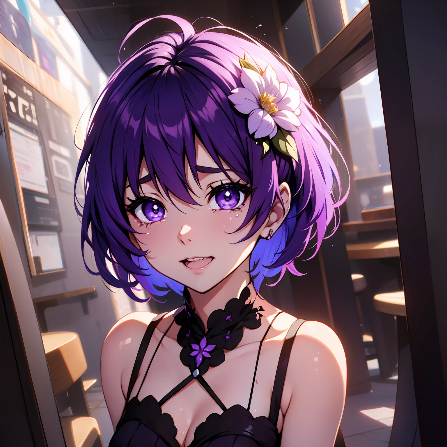 purple hair, short hair, flower on head, dilated pupils, tears, happy tears, purple eyes, purple eyes, happy, crying, Surrealism, high detail, anime style, pov, 8k, super detail, dress, full body