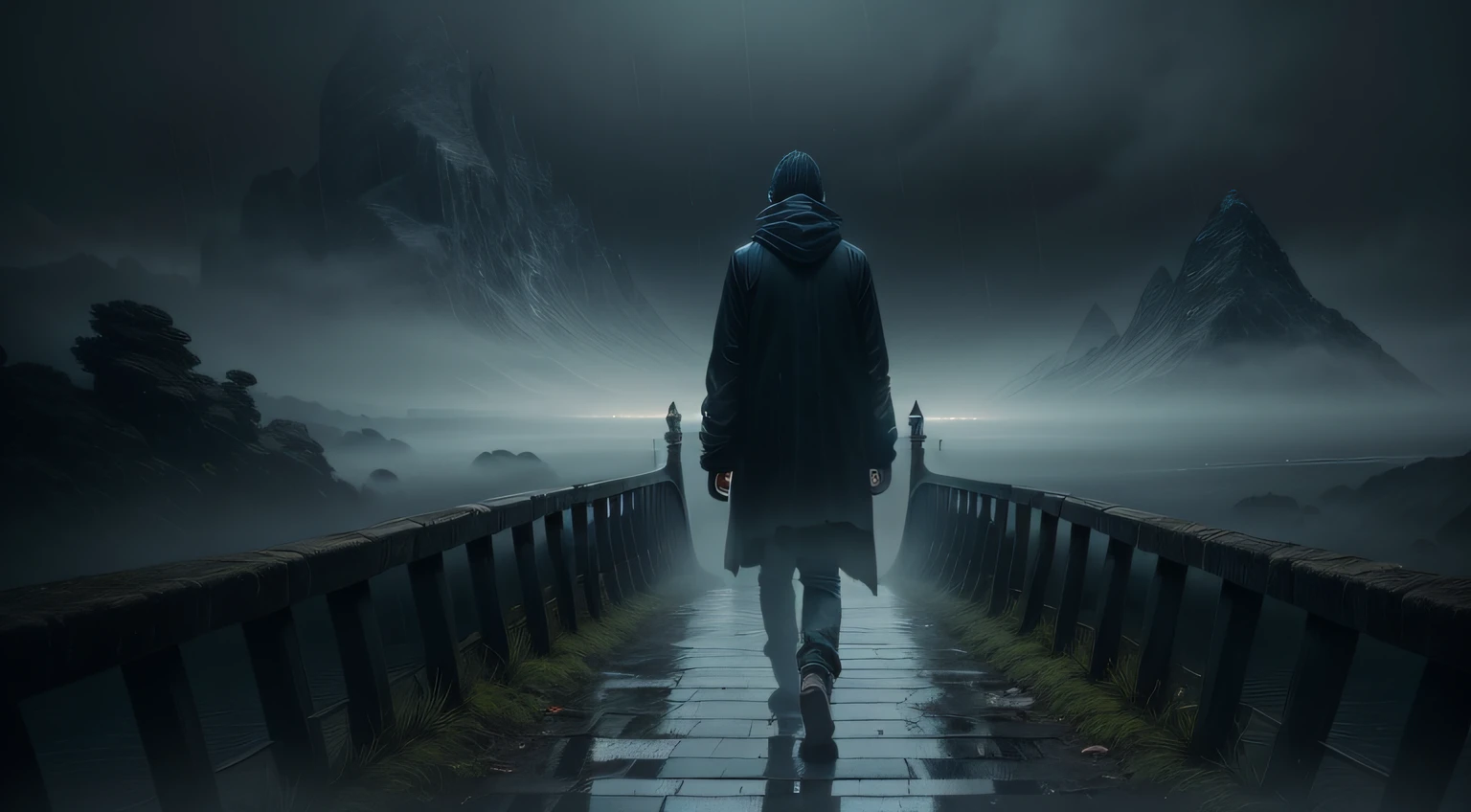 He understood that inner transformation was a constant process, that each step taken was an opportunity for growth, it started on the other side of the bridge.very scared and sad, dark night, darkness shrouded in fog, rainy night + dramatic lighting + misty environment + Sinister textures + cold colors + rain effects, gray.
