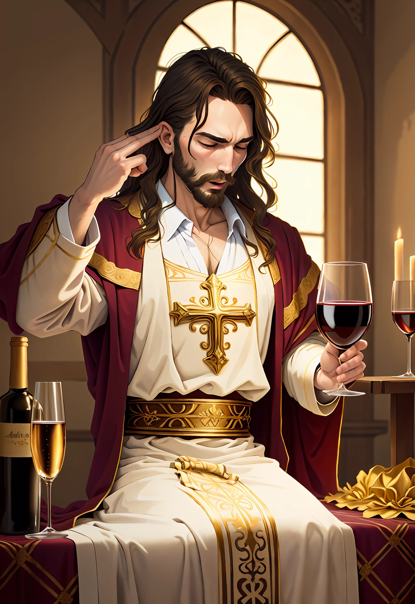 (masterpiece, best quality), intricate details, golden cross, ManLevitatingwine, 1man, fenn_jesus, jesus christ, robe,wine