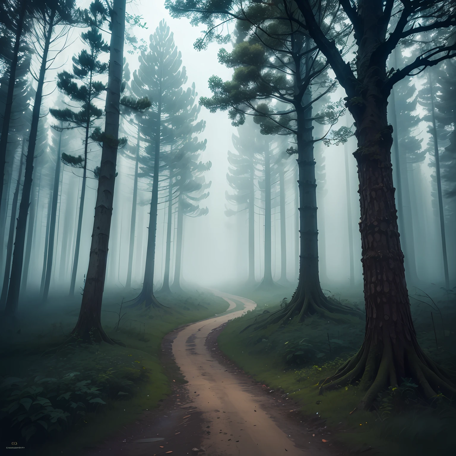 forest, scenery terror, many trees, feeling of loneliness, fog, many details, darkness, night --auto