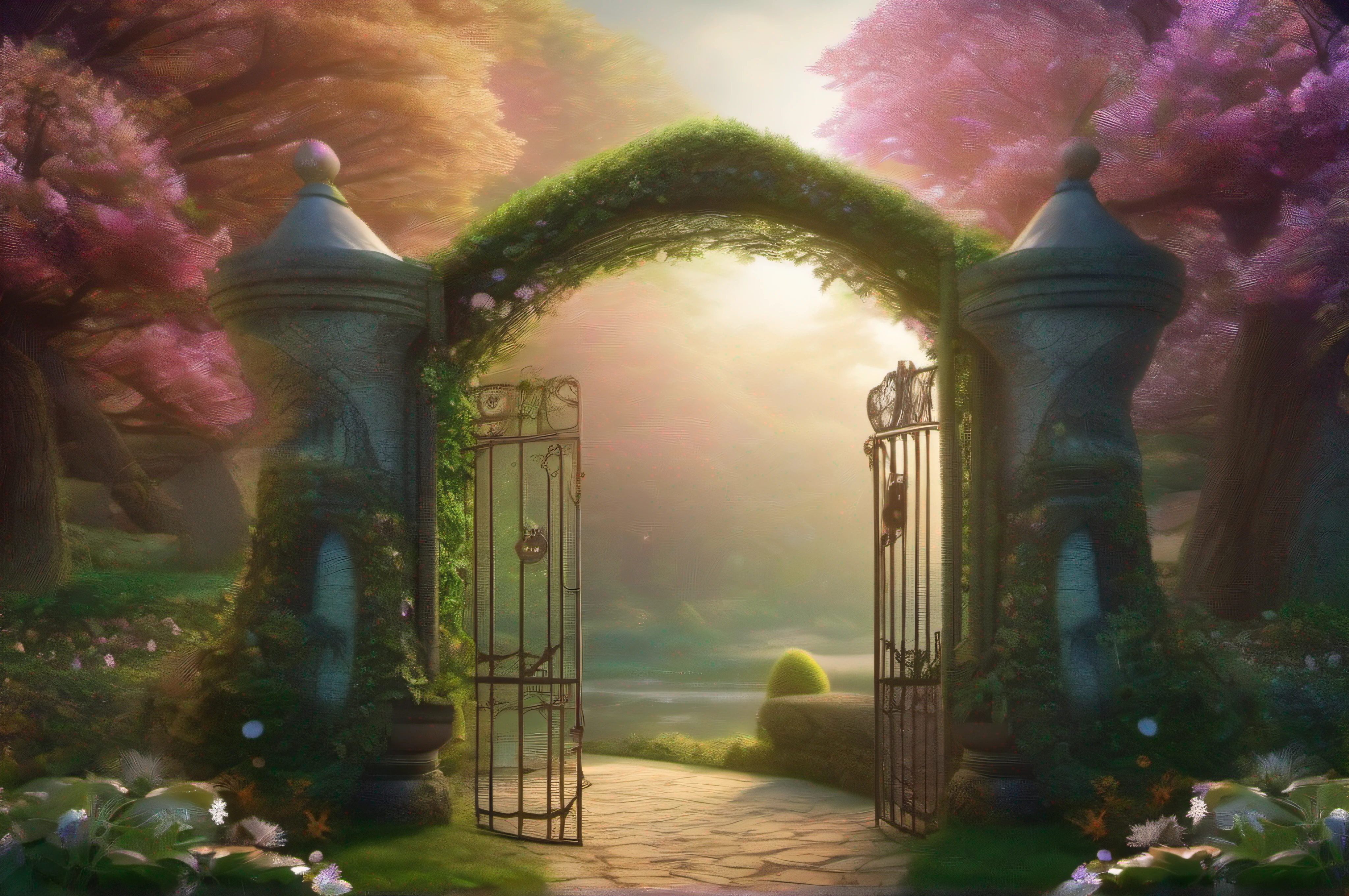 "(masterpiece, best quality, CGI, official art: 1.4), (image of a gate in a garden with flowers and trees: 1.3), fantasy enchanted magic forest, magic setting, enchanted garden, fairy magic background, forest fantasy magic, magic forest background, fairy magic forest, beautiful depiction of a fairy tale, enchanted magic forest, fantasy magic vegetation, magic background, very magical and dreamy, highly detailed magical fantasy, kingdom forest fairies fairies, intricate detail, hyper-realistic, RAW photo,"