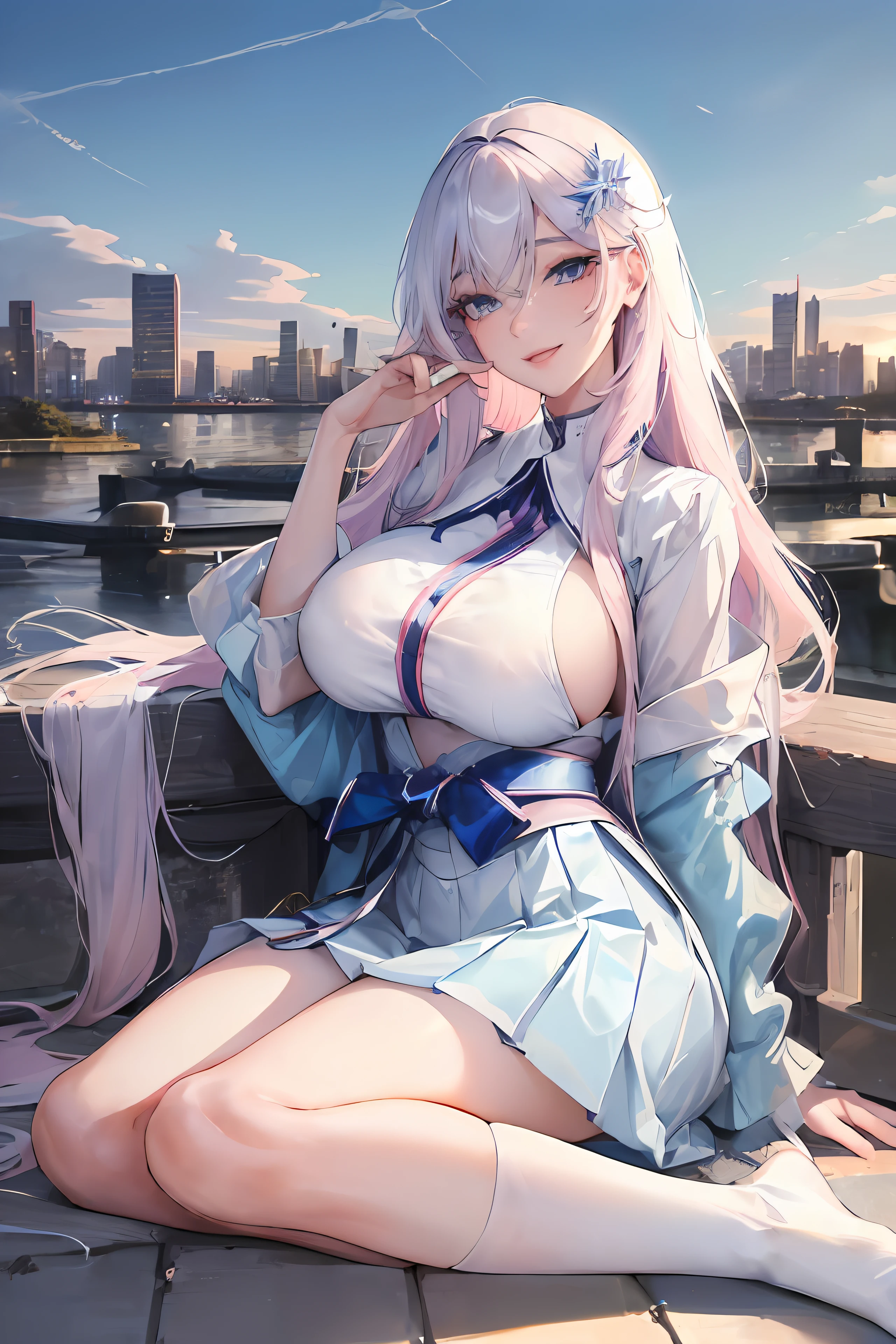 official art, masterpiece, sharp focus, (beautiful gorgeous cute Korean woman:1.3), (beautiful cute korean:1.3), korean beauty, Delicate and beautiful hair and eyes and face, realistic, ultra detailed, beautiful girl, blue sky, glow white particle, (sidelighting:1.2), sun light, white cloud, detailed clouds, slender, Lovely very large breasts and very large hips, smile with teeth, ((smile with eyes, open both eyes)), scenery, long straight hair, sexy facial expression, building, (cityscape:1.7), dynamic hair, long straight hair, detailed platinum pink hair, glow blue eyes, (blue pleated shirts + white skirt), white long socks, pale skin, hair ornament, epic scenery,huge boobs