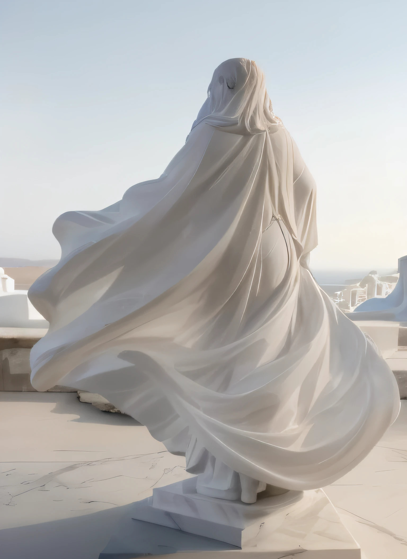 Escultura maqueta blanca de 1 bandera flameando, Classical antiquities, White marble model sculpture, Classical model sculpture of moving fabric, Classic marble model, Modelo grande, (((White Greek marble statue))), ((fotorrealista)) realista, luz proveniente de arriba, yeso, Foto de estudio.