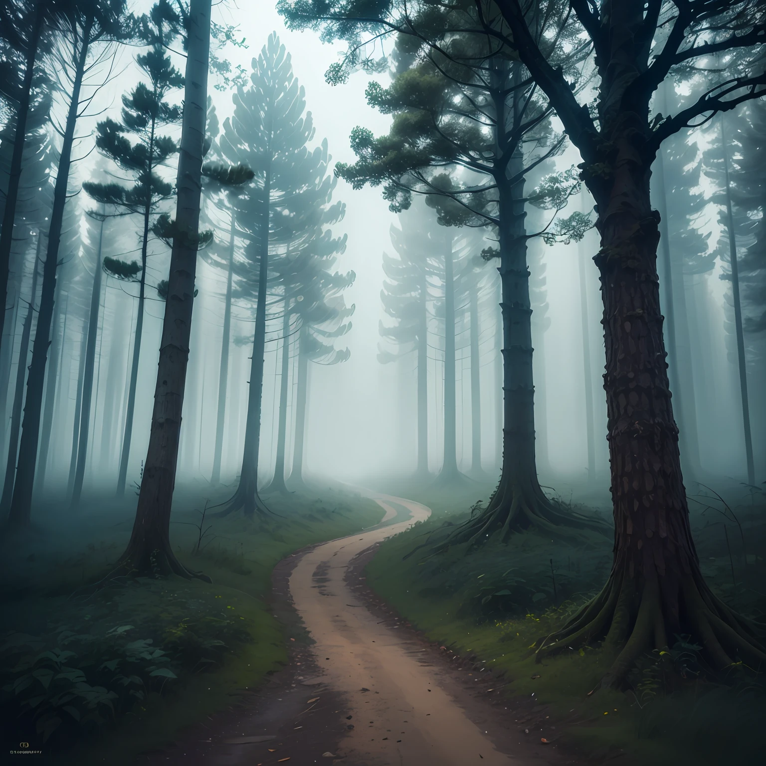 forest, scenery terror, many trees, feeling of loneliness, fog, many details, darkness, night --auto