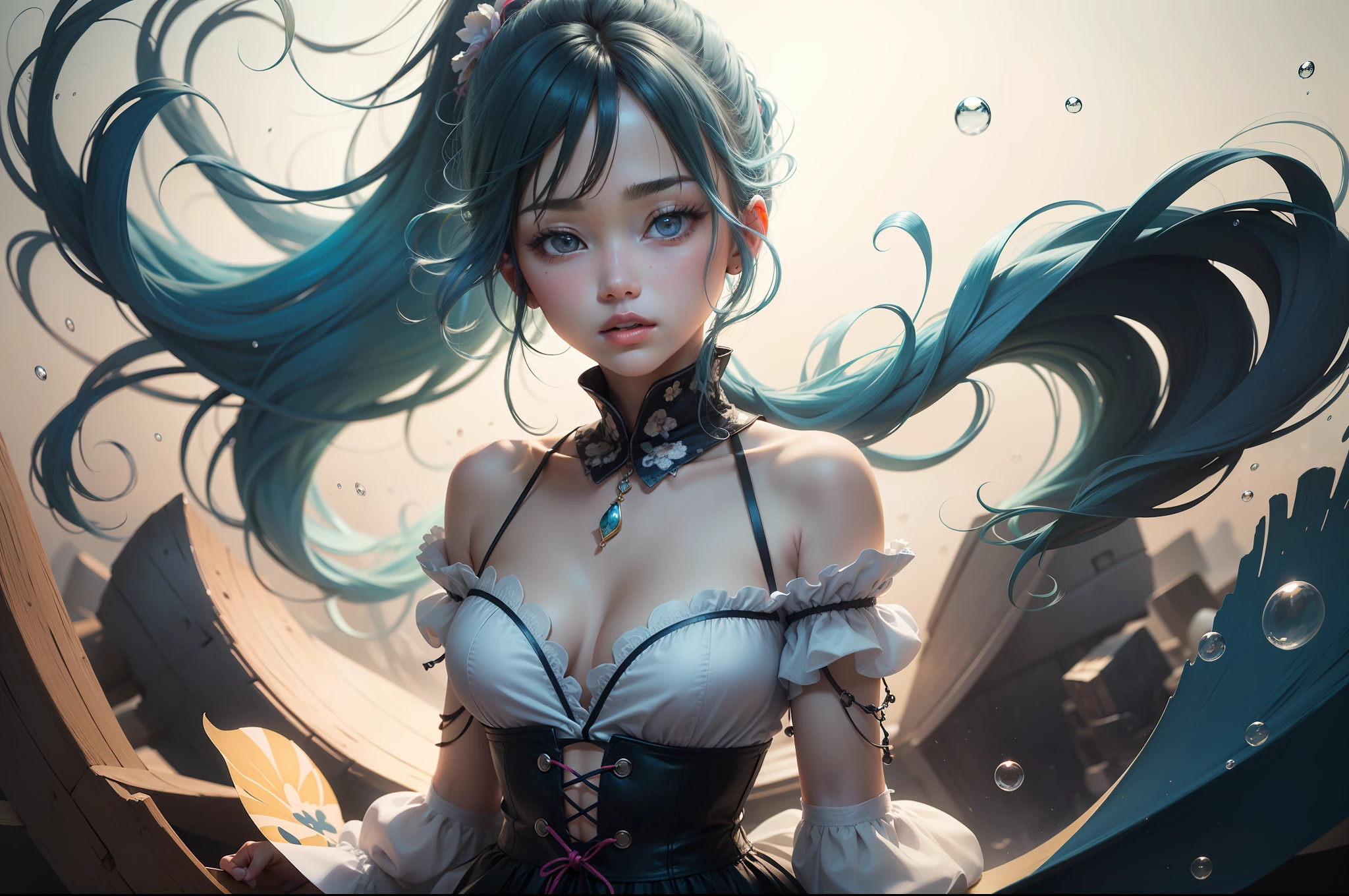 (masterpiece), (best quality), (ultra detailed),(disheveled hair),(illustration), (1girl), (Fashionable clothing), standing, Fashion model, looking at viewer, (interview), (simple background),beautiful detailed eyes, delicate beautiful face, Floating,(high saturation),(colorful splashes),colorful bubble,(shining), focus on face, ponytail, kamisato ayaka, light blue hair, bangs, hair ring, floating flowers, floating hairs, (shining), best lighting, best shadow,