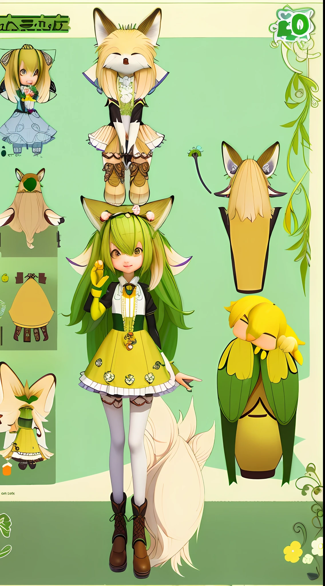 Anime character of fox wearing a green dress and a yellow dress, Cute detailed digital art, cute character, female furry mini cute style, hyper-detailed fantasy character, 3 d render stylized, stylized as a 3d render, lovely digital painting, cute 3 d render, fox-girl, highly detailed character, Kitsune, fox nobushi