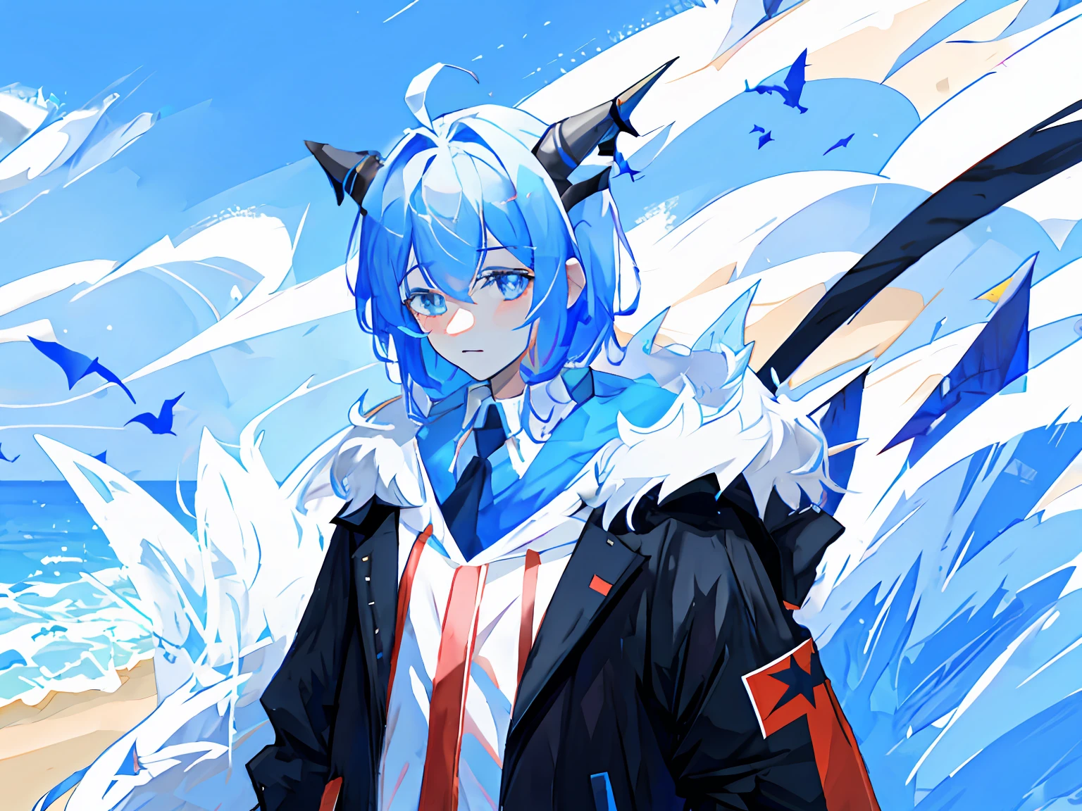 Dragon wolf with blue eyes and collar，has horns on its head，There are furry blue-black wings behind him，nakeness，beachside，multiple persons，is shy，father and son，