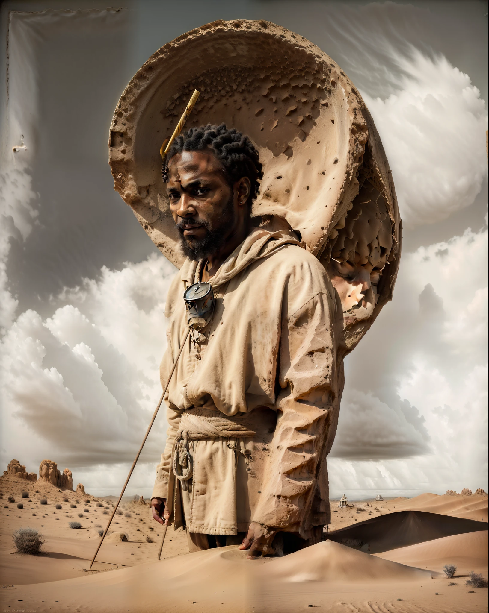 Deus masculino africano do manto branco, 40-year-old man with robe and staff in hand, pombas da paz, homem em cima das nuvens, textura de pele natural, retrato realista, 4k, detalhe supremo, altamente detalhado, suave, foco nítido, cinematic lighthing, Facing the camera squarely, studio dark, rim lighting, dual-tone lighting,